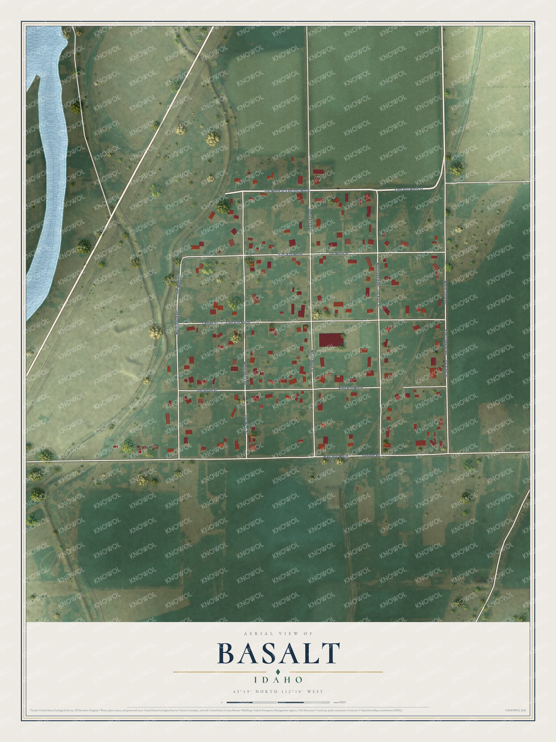 Full map of Basalt, Idaho, with red buildings, printed street names and the land around them