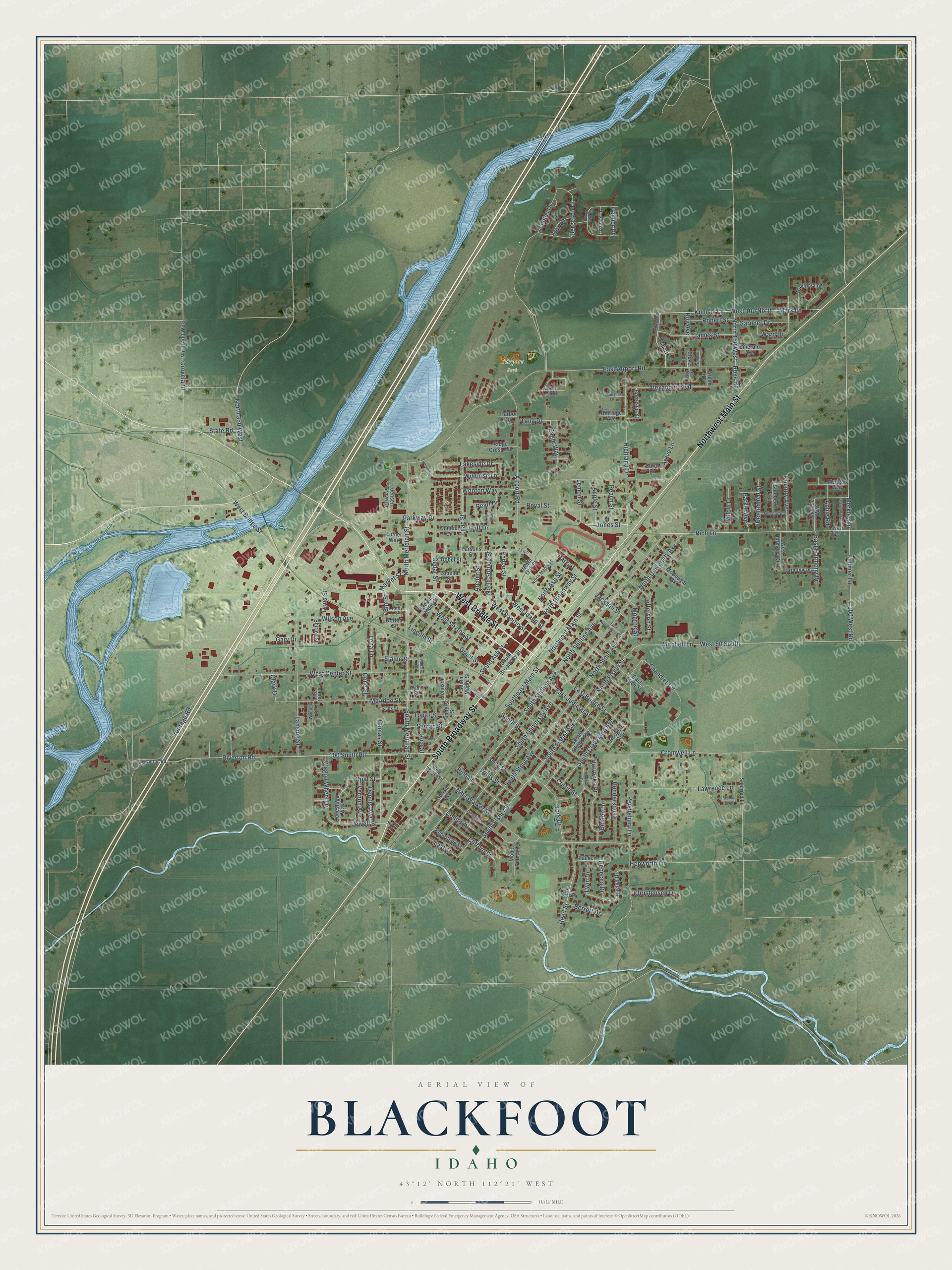 Full map of Blackfoot, Idaho, with red buildings, printed street names and the land around them