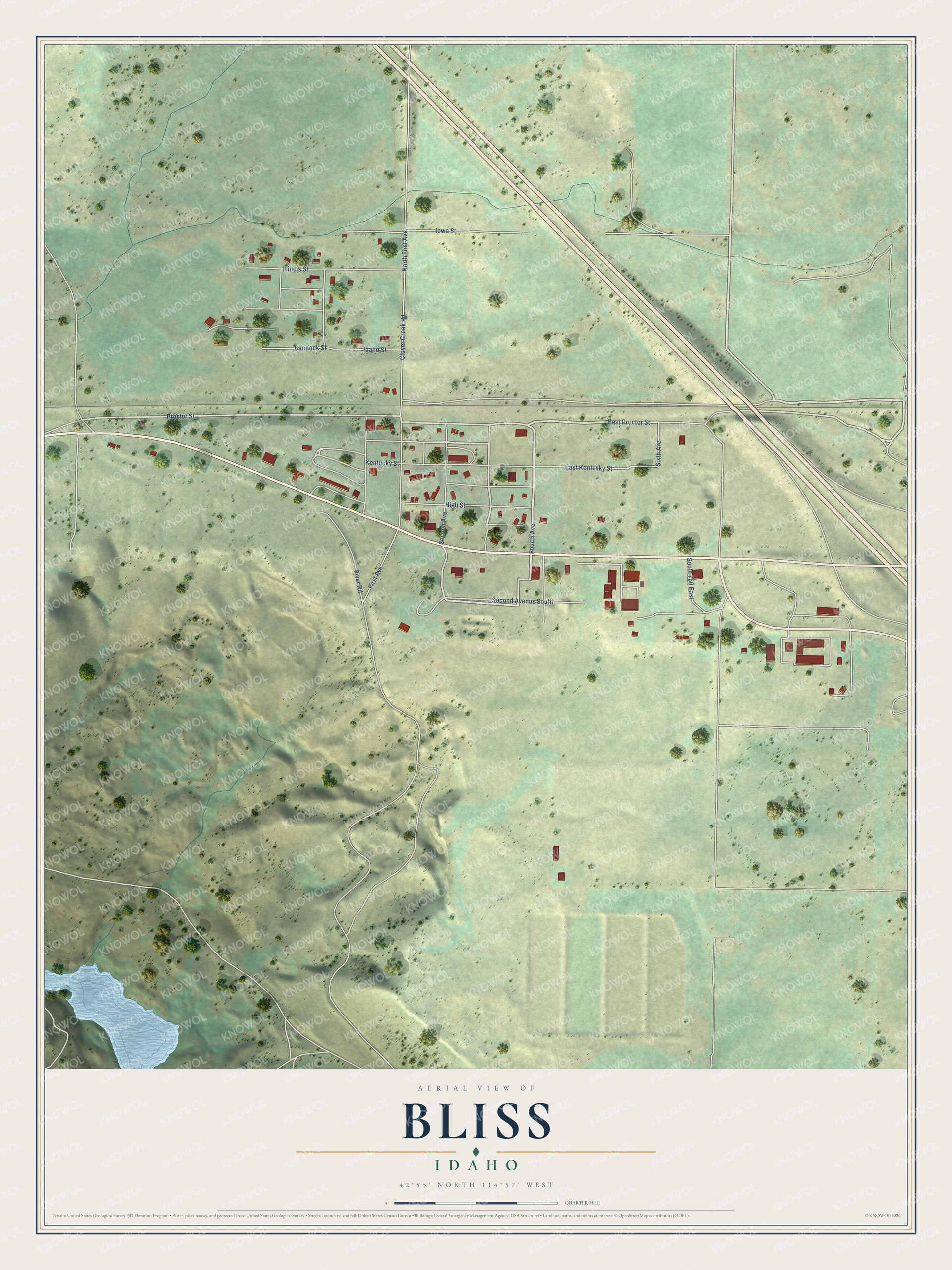 Full map of Bliss, Idaho, with red buildings, printed street names and the land around them