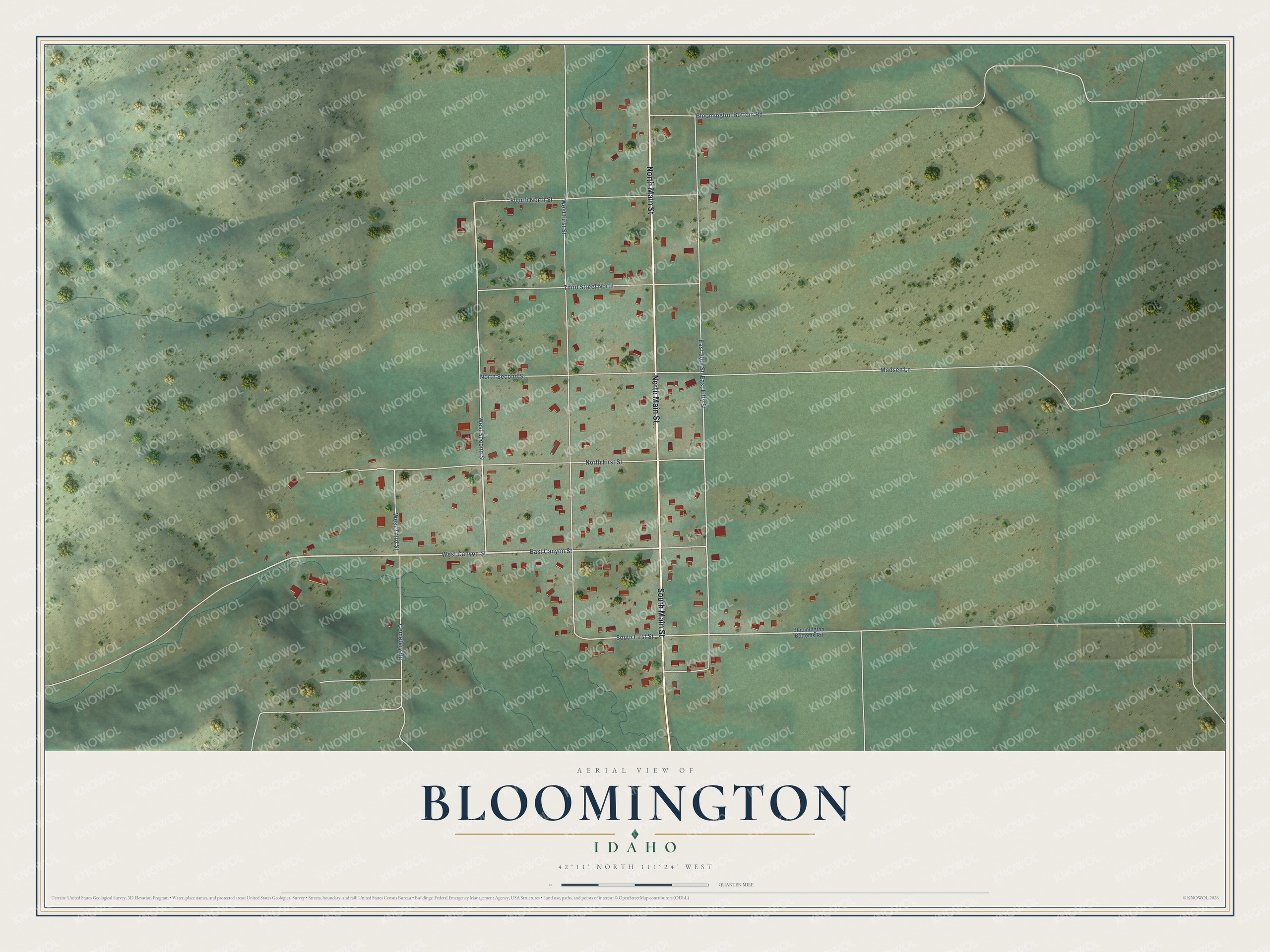 Full map of Bloomington, Idaho, with red buildings, printed street names and the land around them