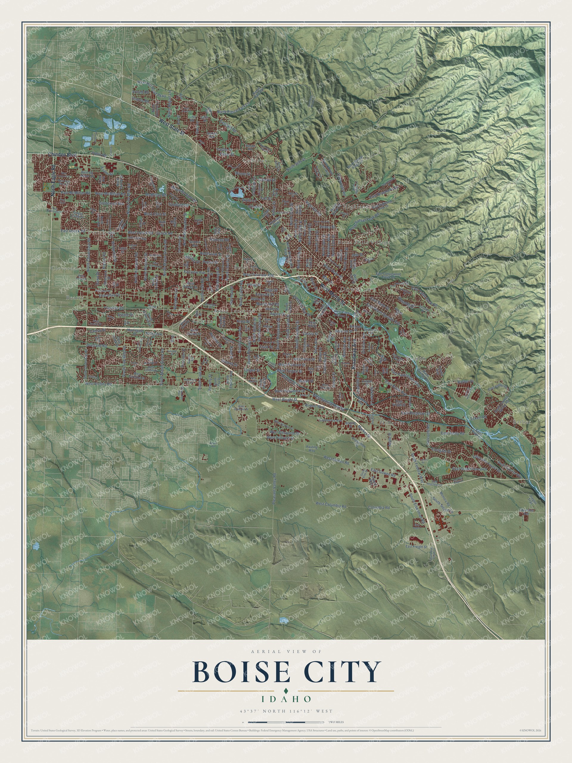 Full map of Boise, Idaho, with red buildings, printed street names and the land around them