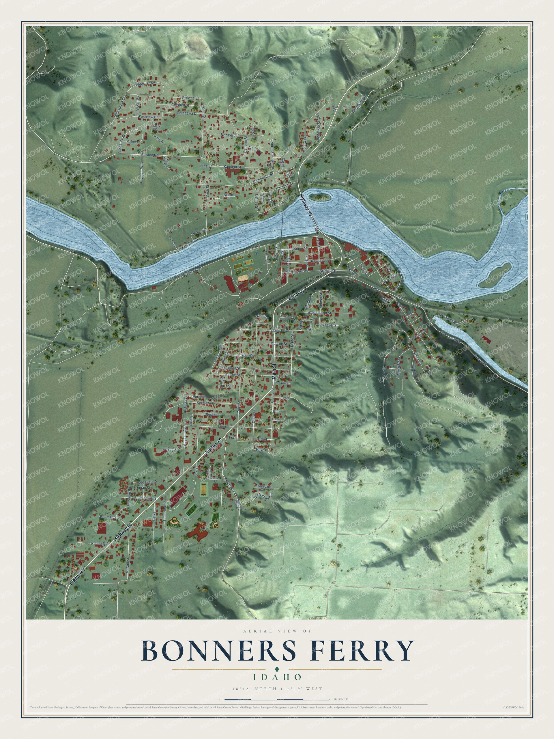 Full map of Bonners Ferry, Idaho, with red buildings, printed street names and the land around them