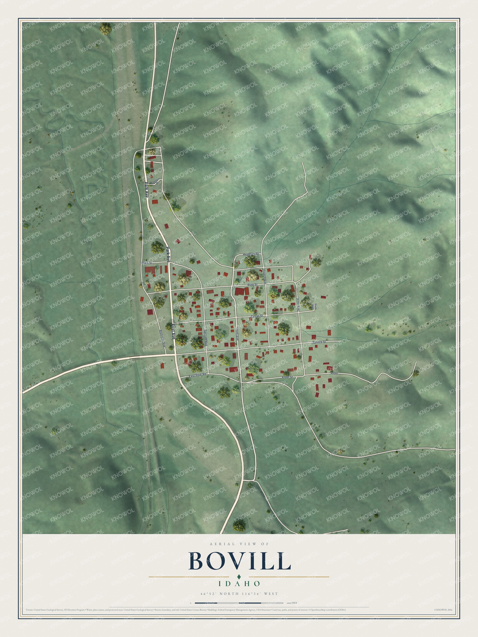 Full map of Bovill, Idaho, with red buildings, printed street names and the land around them