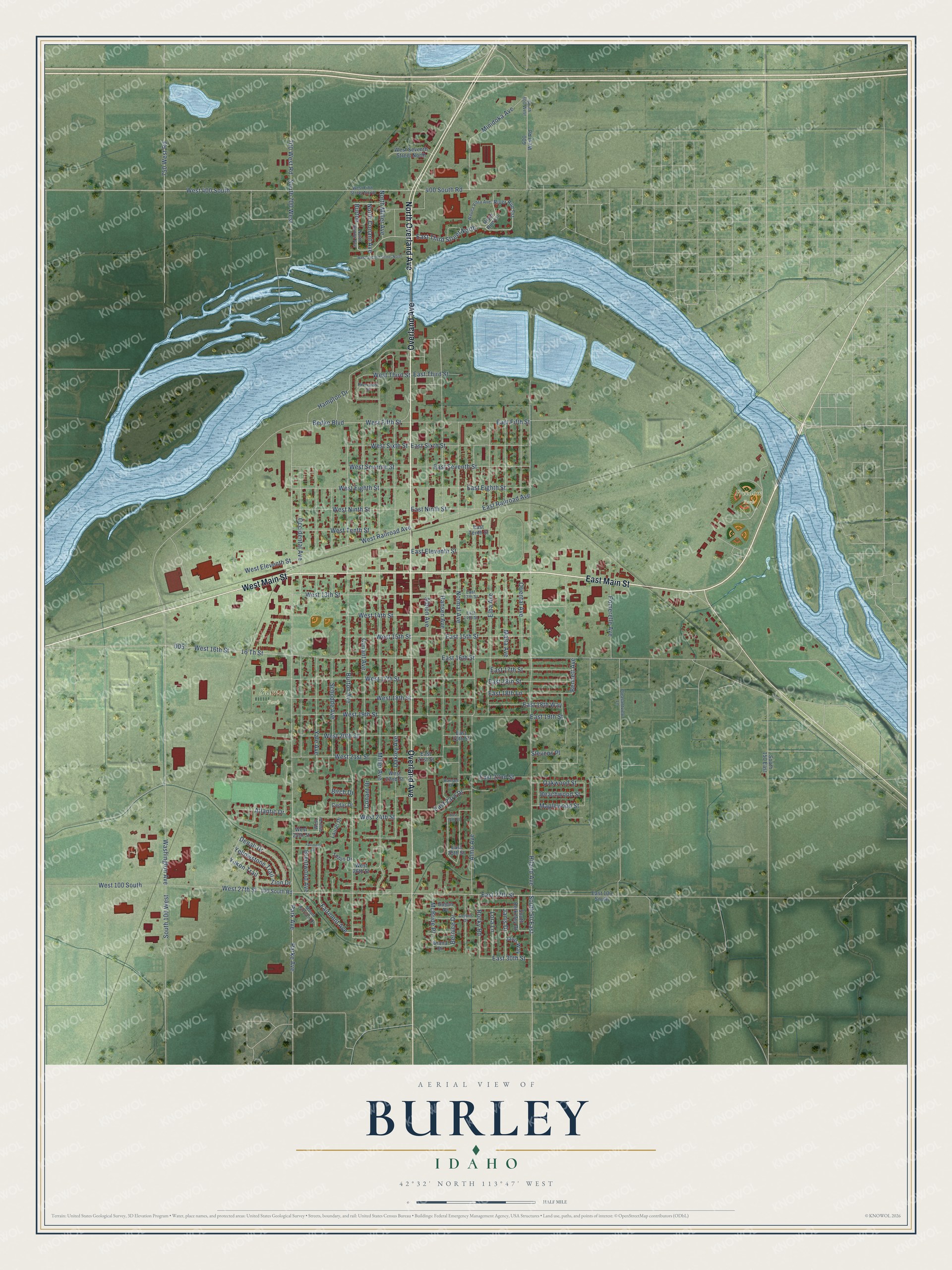 Full map of Burley, Idaho, with red buildings, printed street names and the land around them