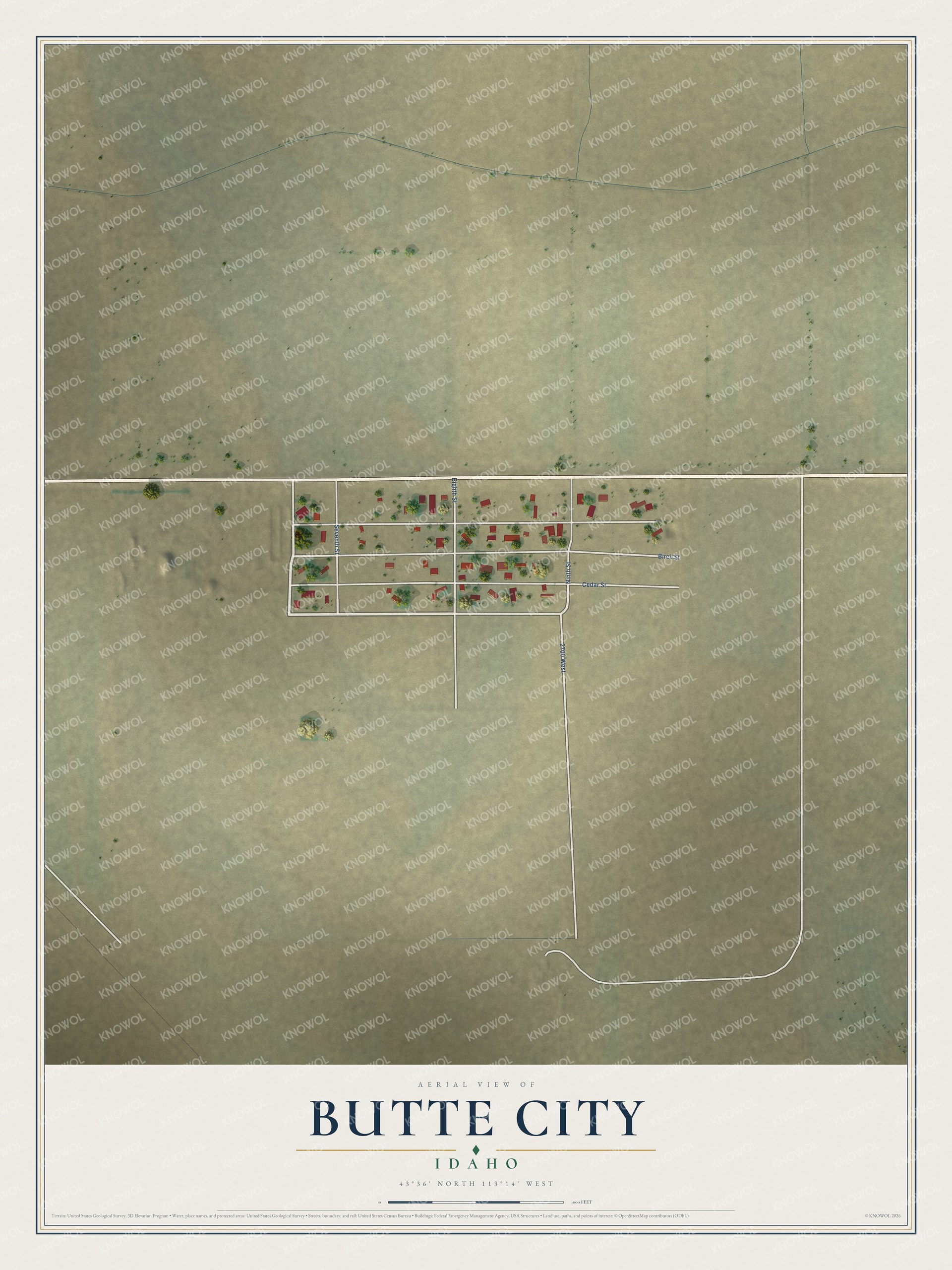 Full map of Butte City, Idaho, with red buildings, printed street names and the land around them
