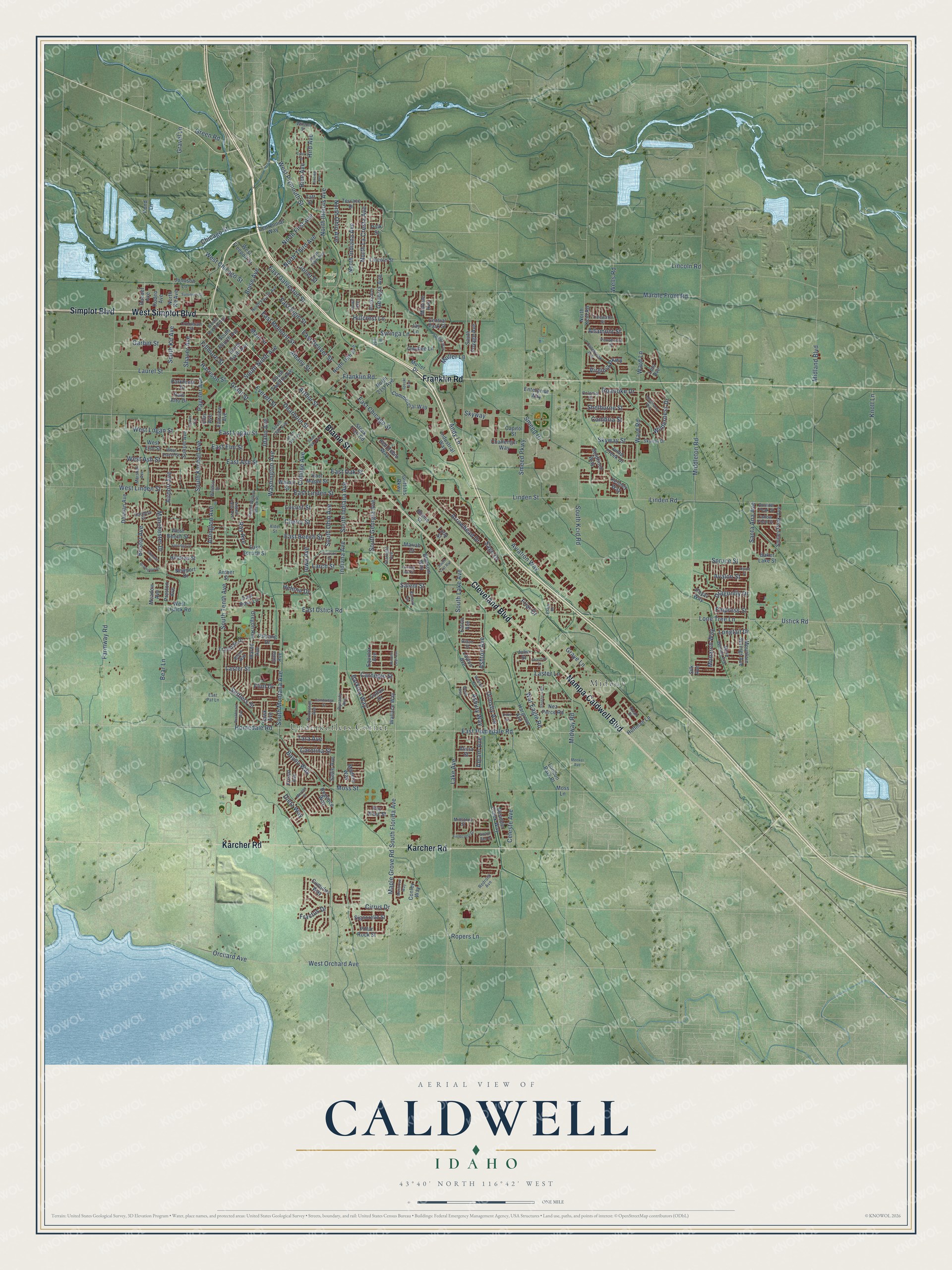 Full map of Caldwell, Idaho, with red buildings, printed street names and the land around them