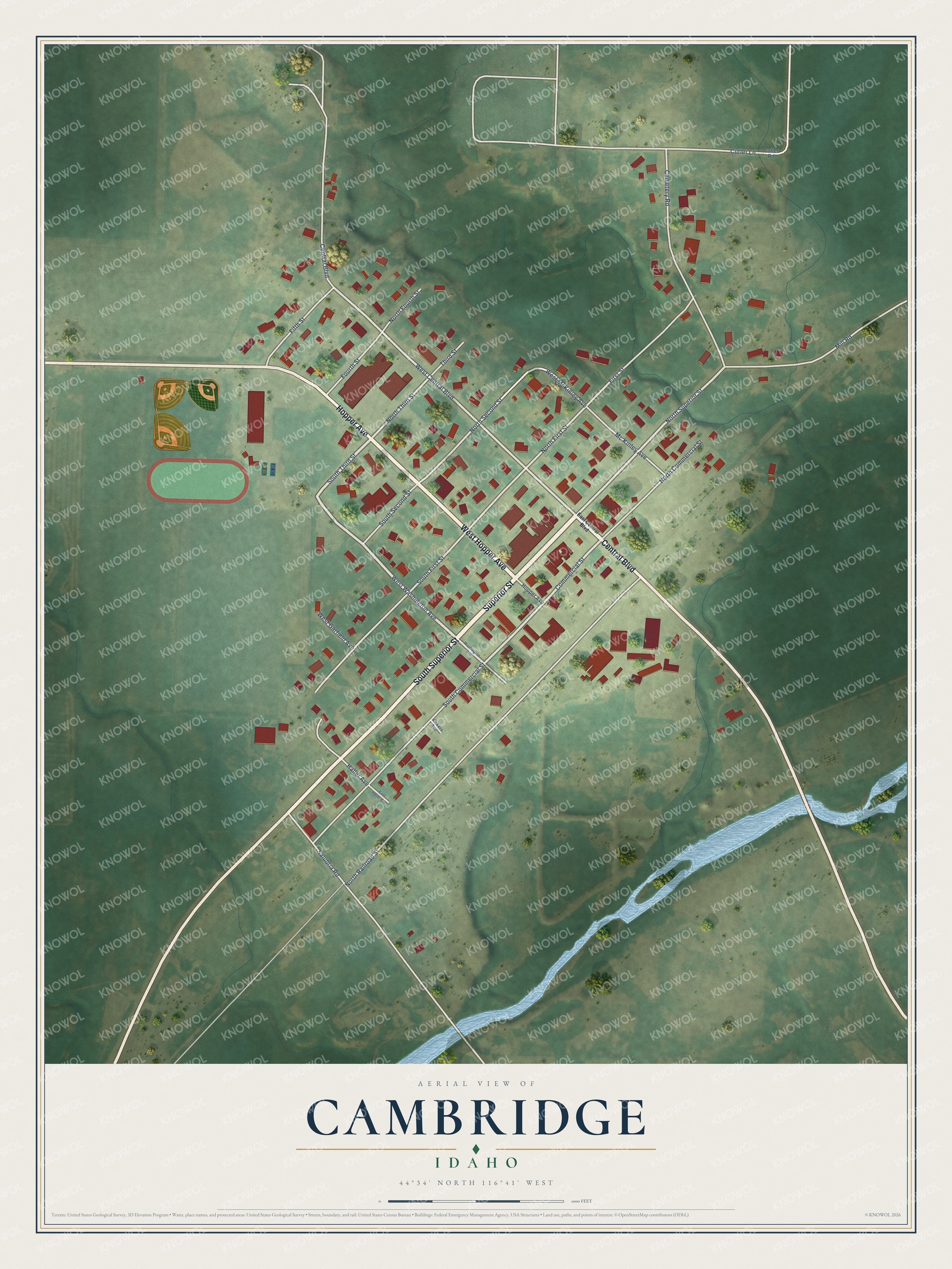 Full map of Cambridge, Idaho, with red buildings, printed street names and the land around them