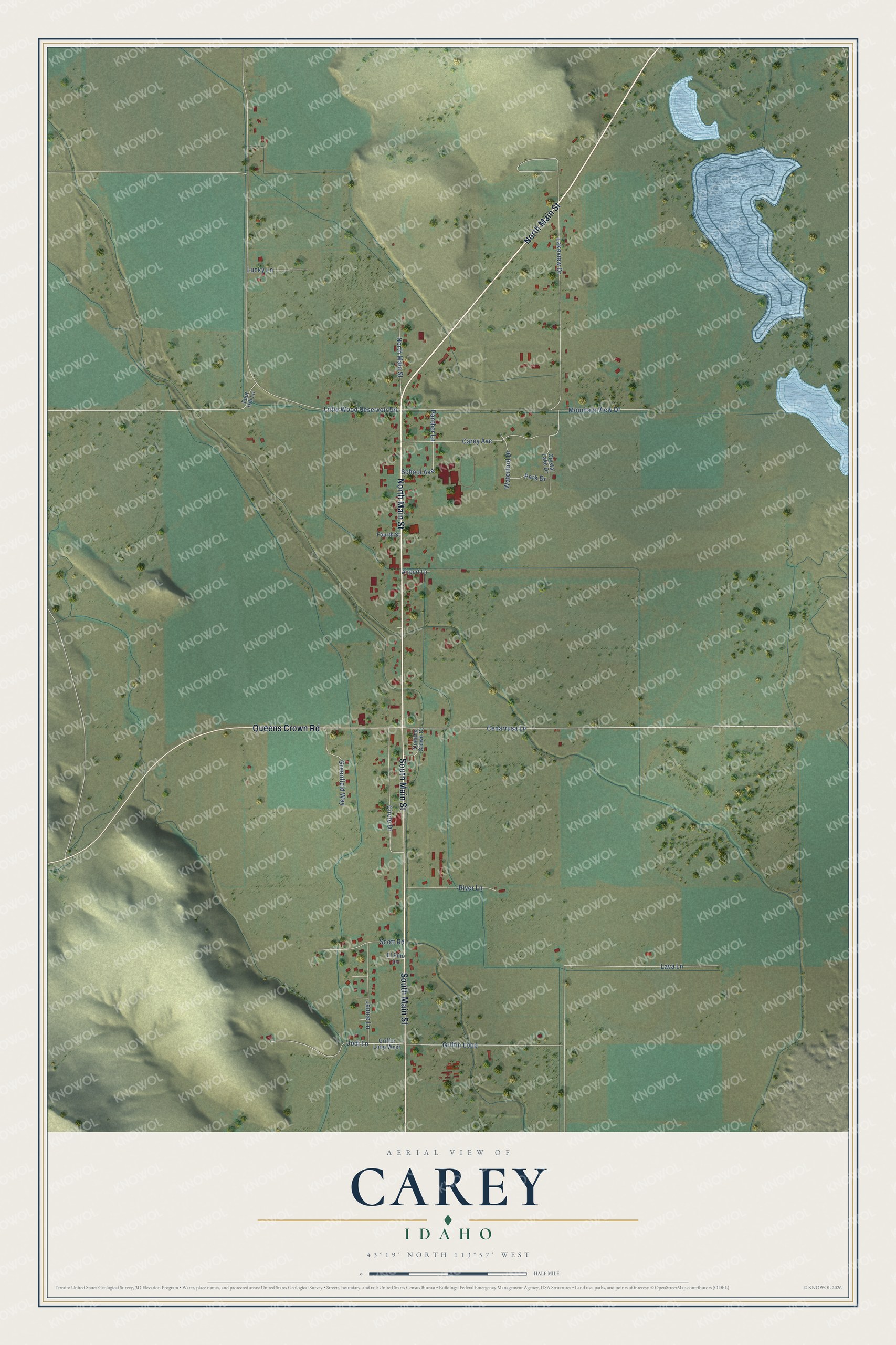 Full map of Carey, Idaho, with red buildings, printed street names and the land around them