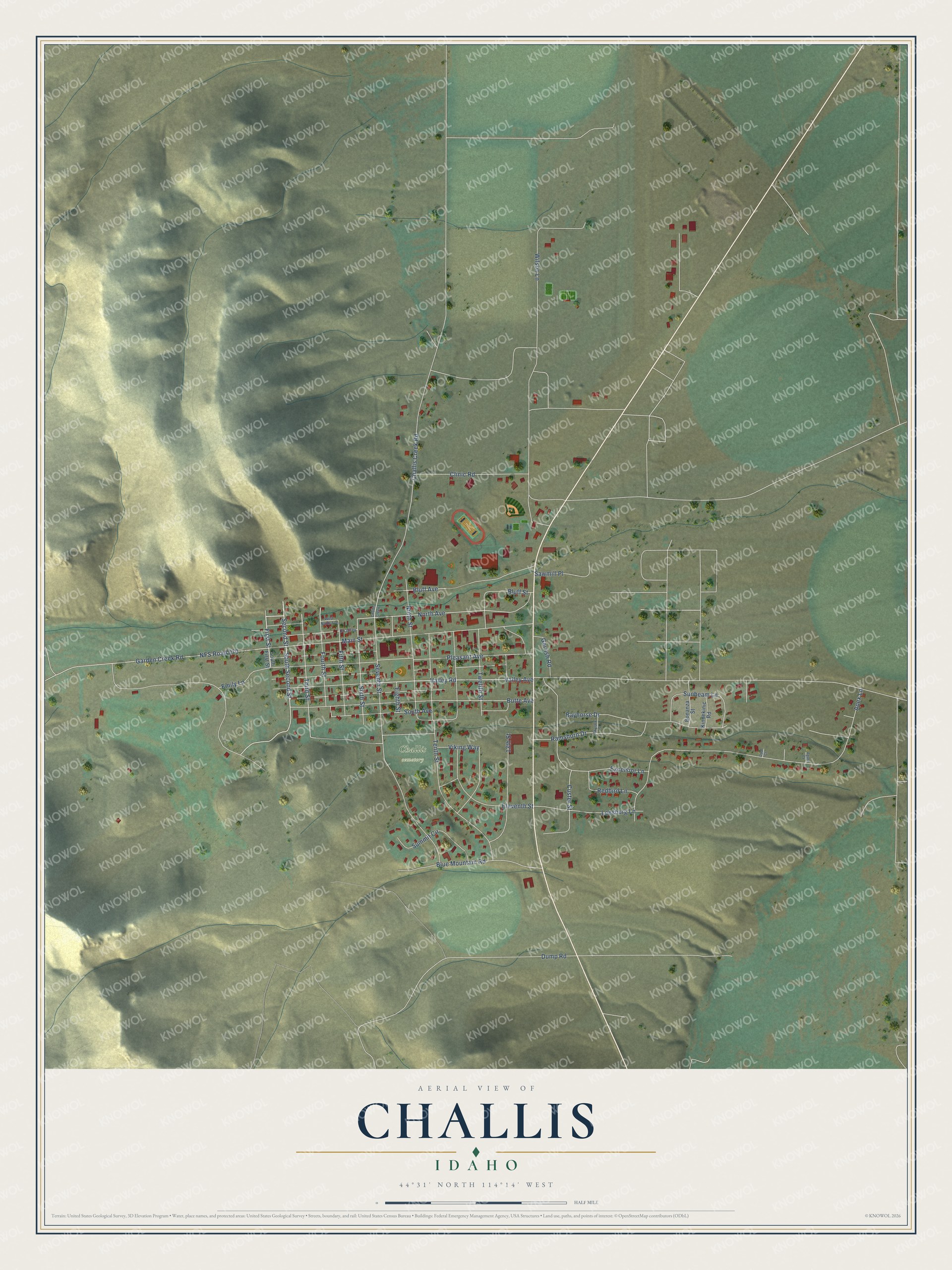 Full map of Challis, Idaho, with red buildings, printed street names and the land around them