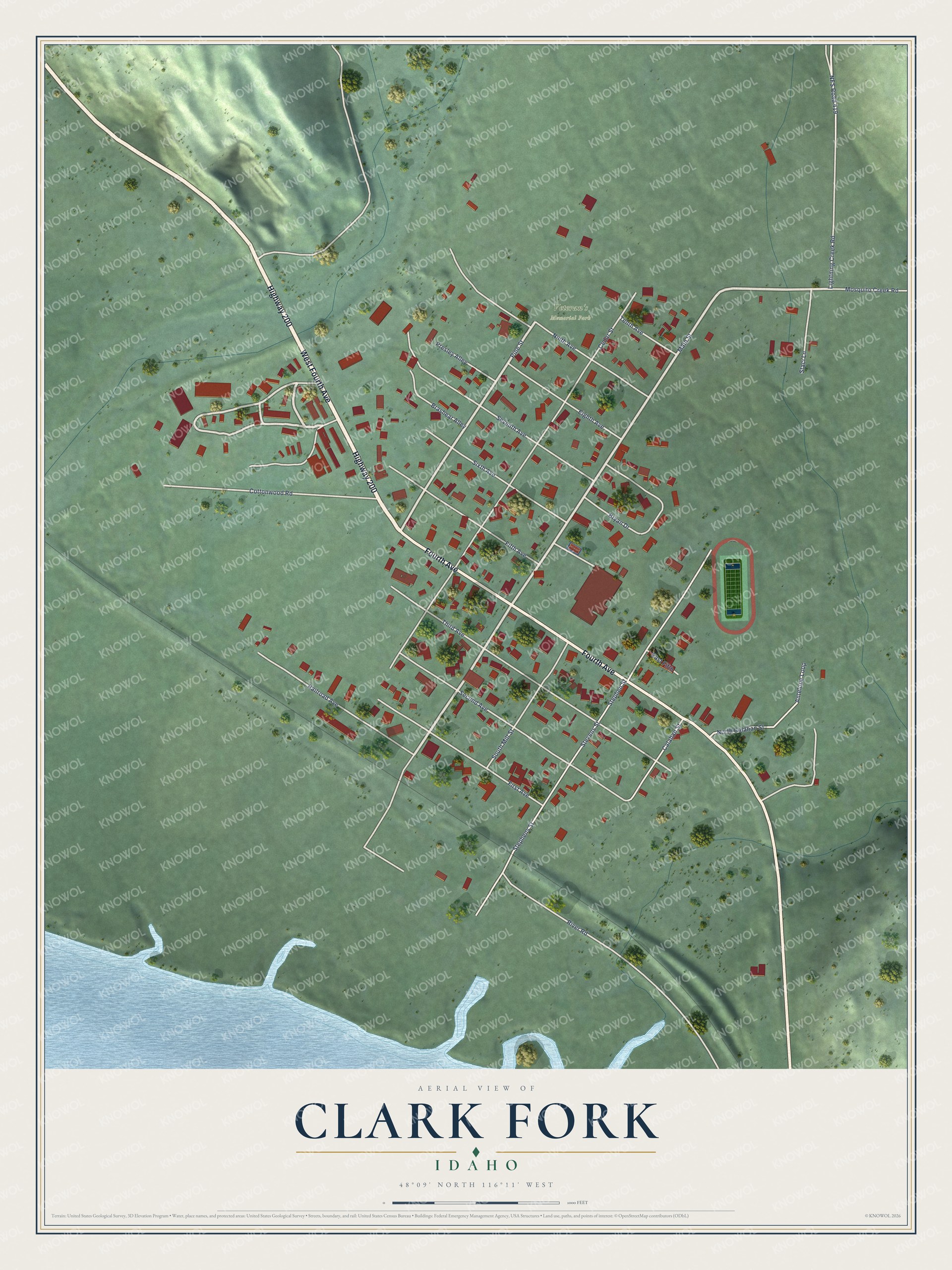 Full map of Clark Fork, Idaho, with red buildings, printed street names and the land around them