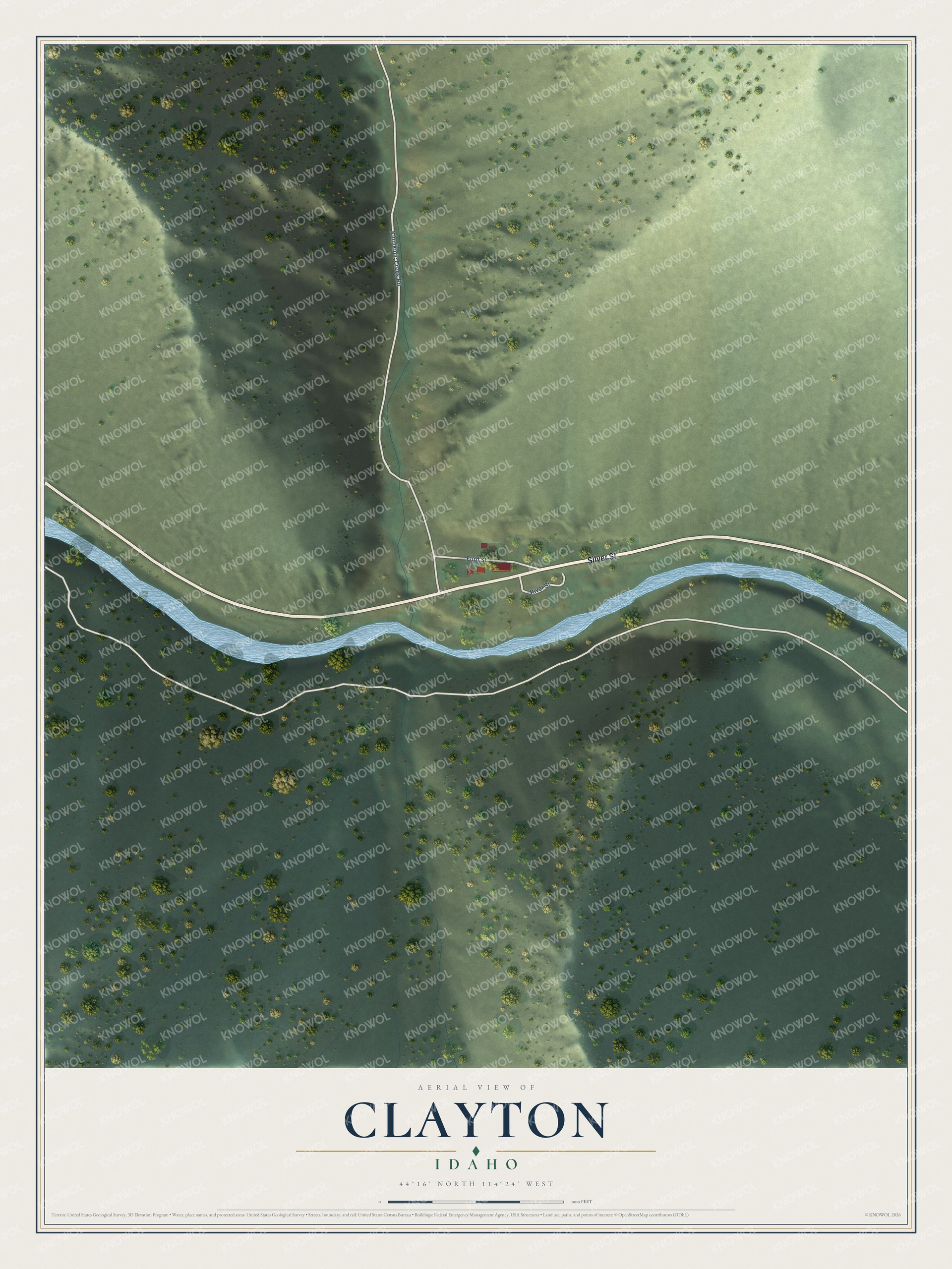 Full map of Clayton, Idaho, with red buildings, printed street names and the land around them
