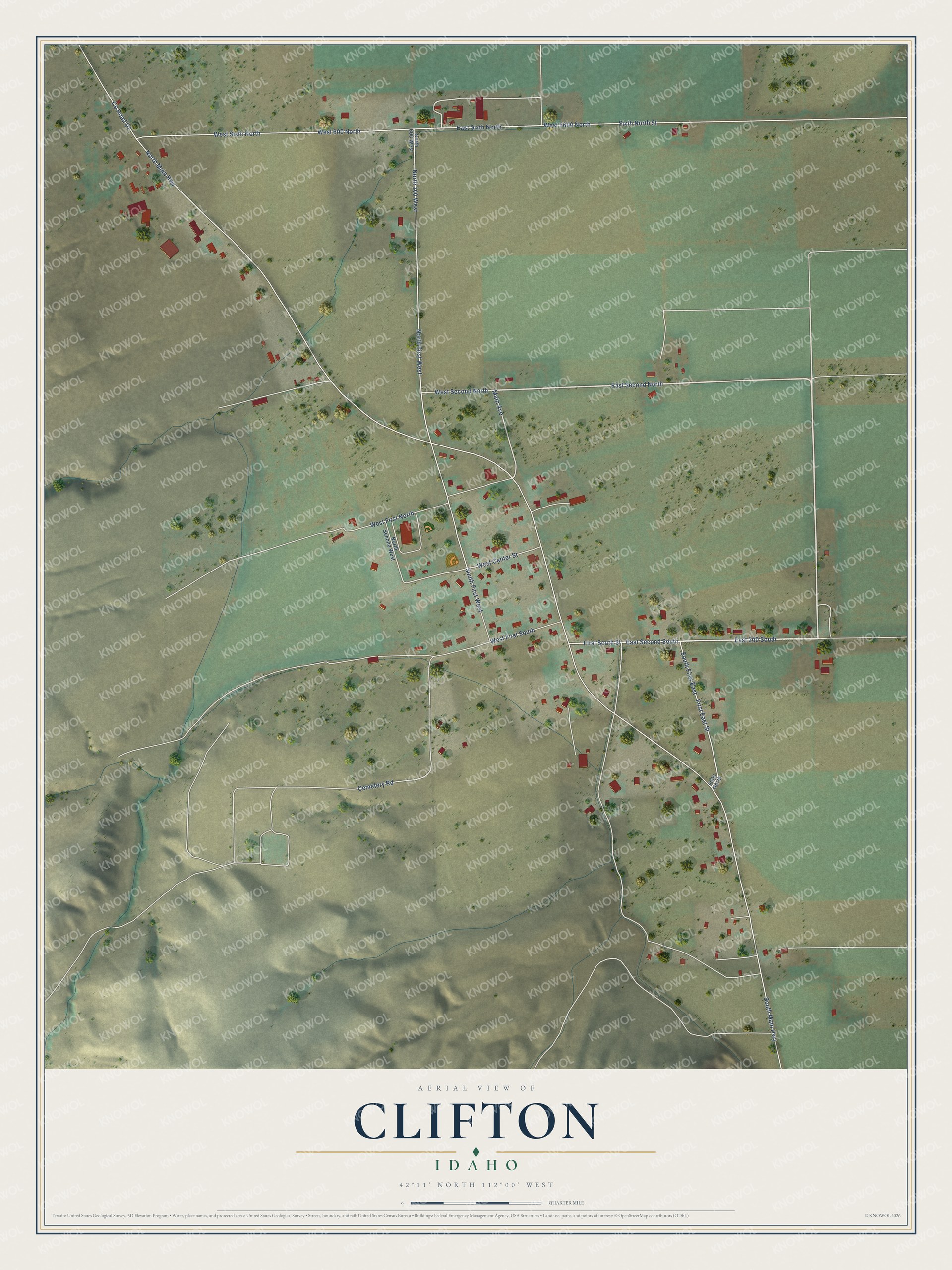 Full map of Clifton, Idaho, with red buildings, printed street names and the land around them