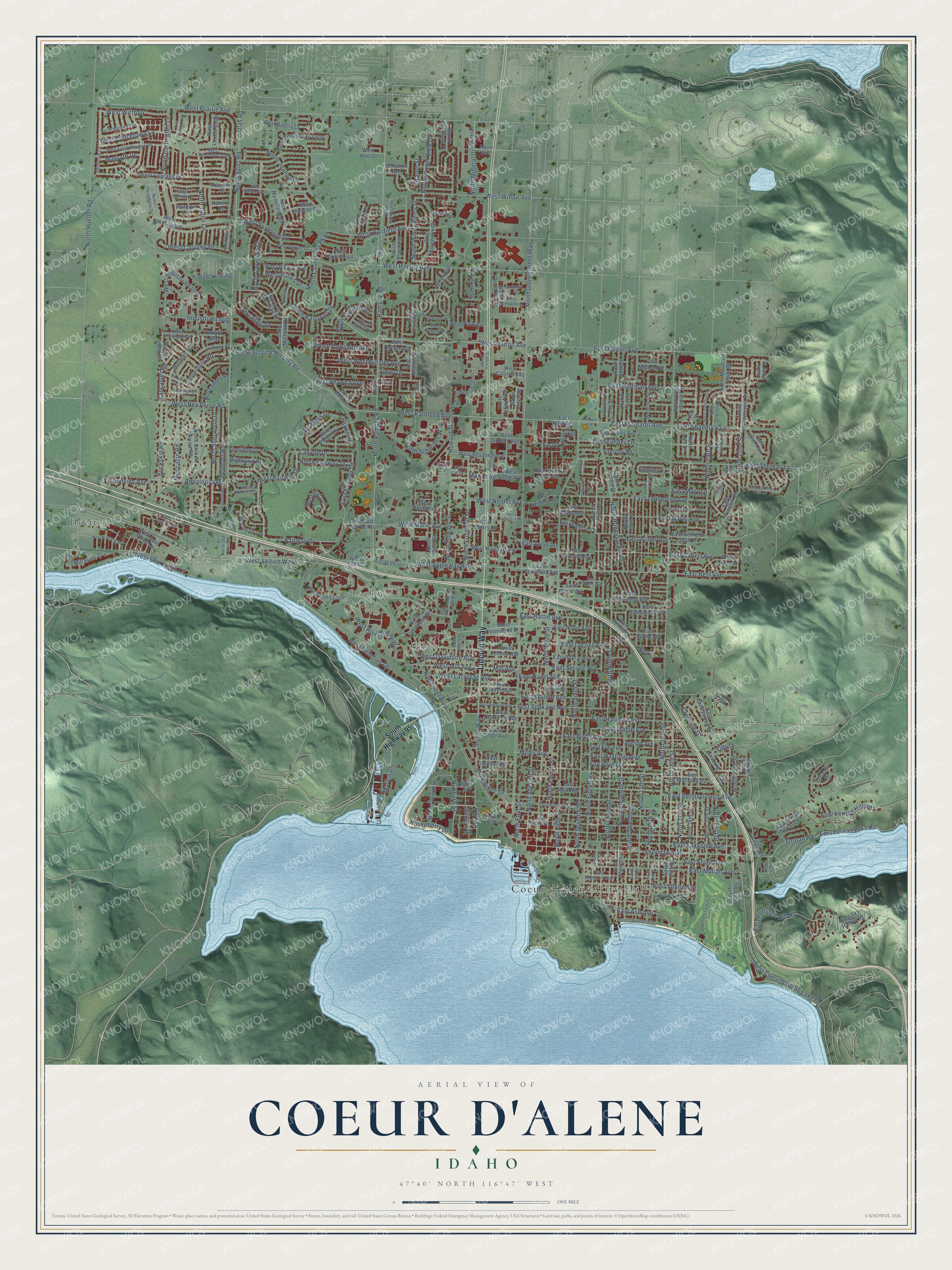 Full map of Coeur d'Alene, Idaho, with red buildings, printed street names and the land around them