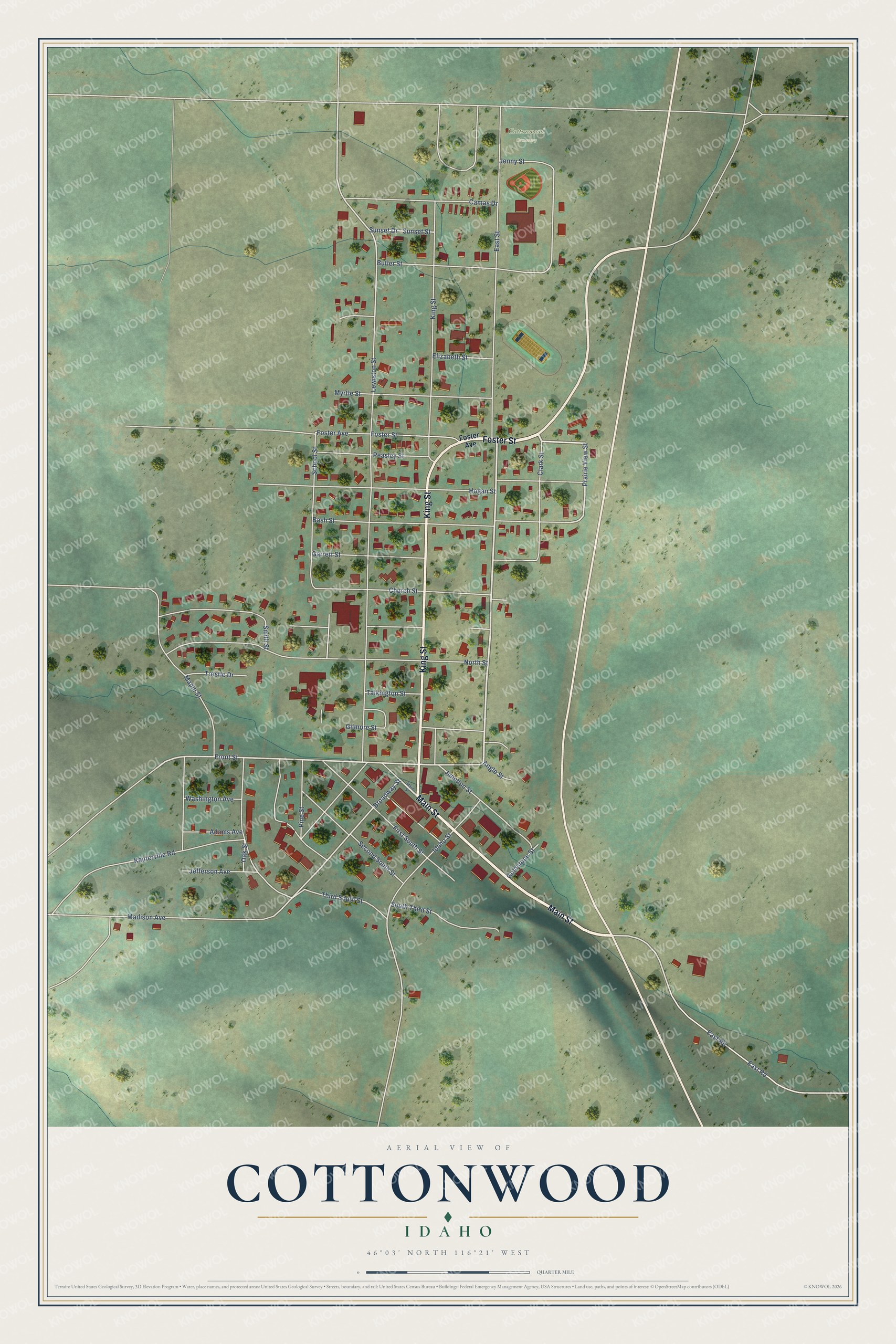 Full map of Cottonwood, Idaho, with red buildings, printed street names and the land around them