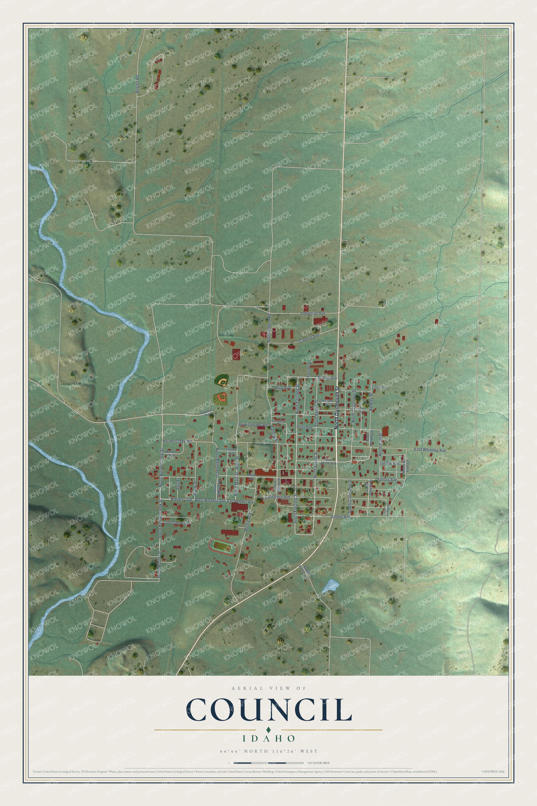 Full map of Council, Idaho, with red buildings, printed street names and the land around them