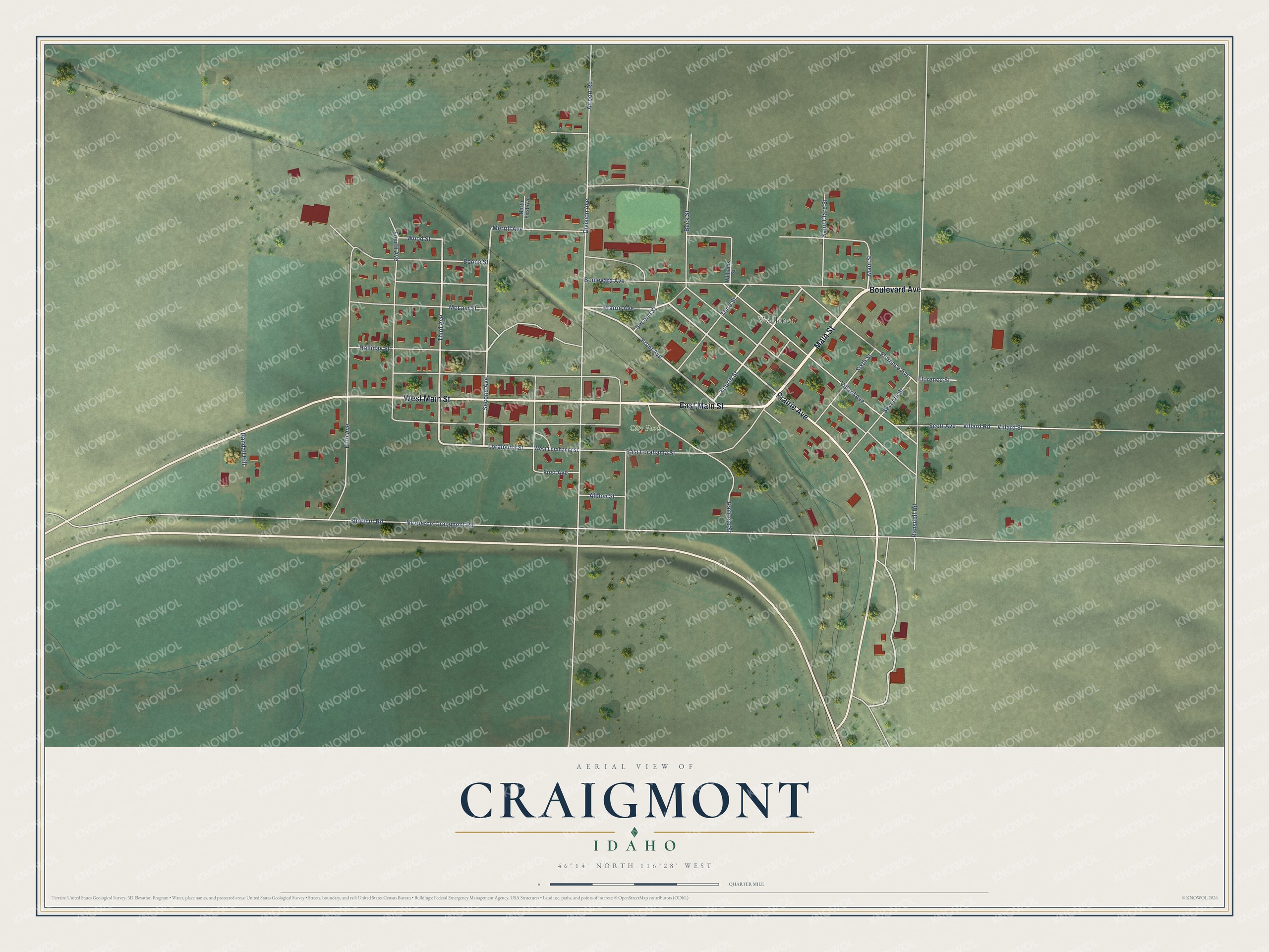 Full map of Craigmont, Idaho, with red buildings, printed street names and the land around them