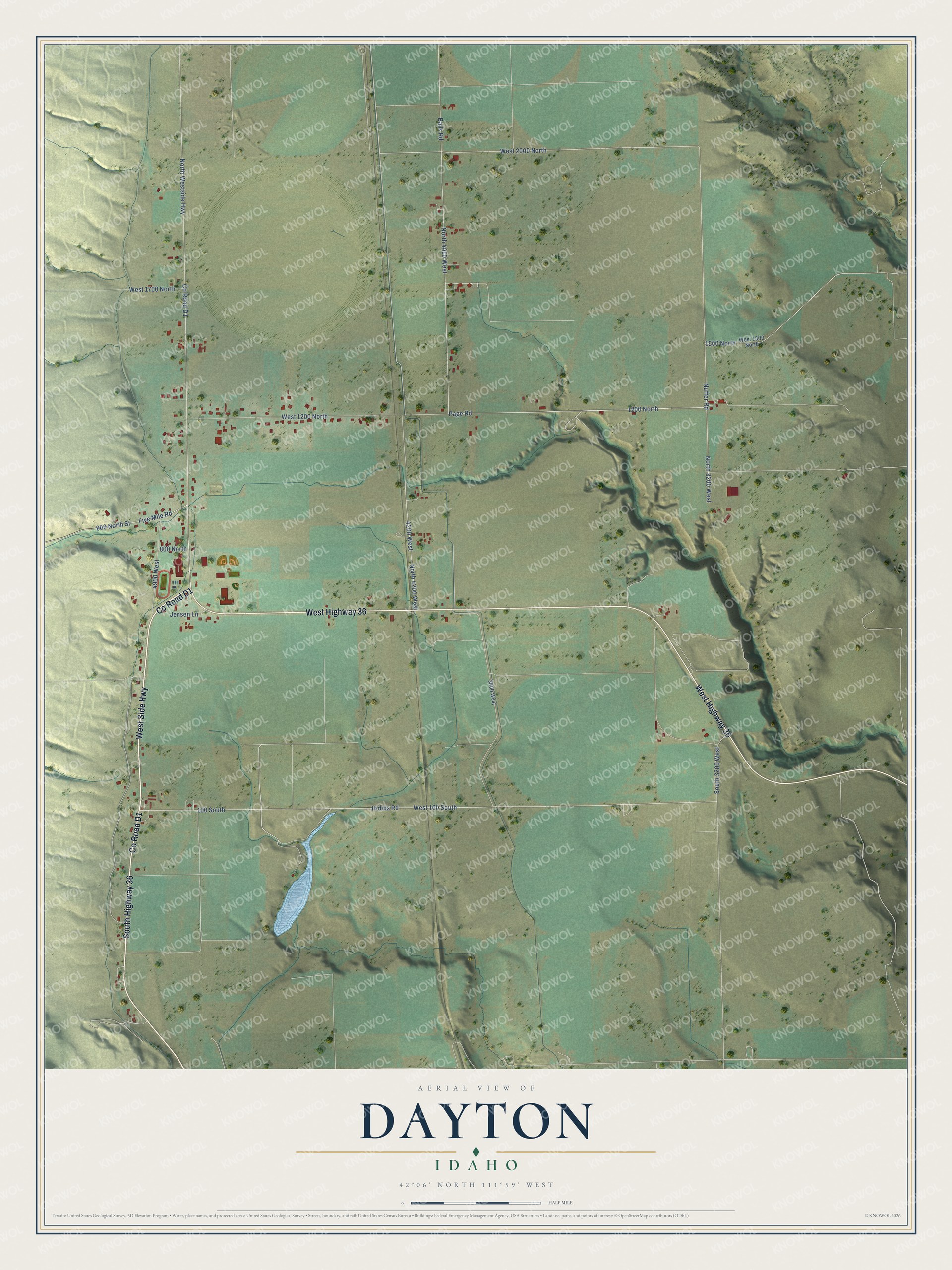 Full map of Dayton, Idaho, with red buildings, printed street names and the land around them
