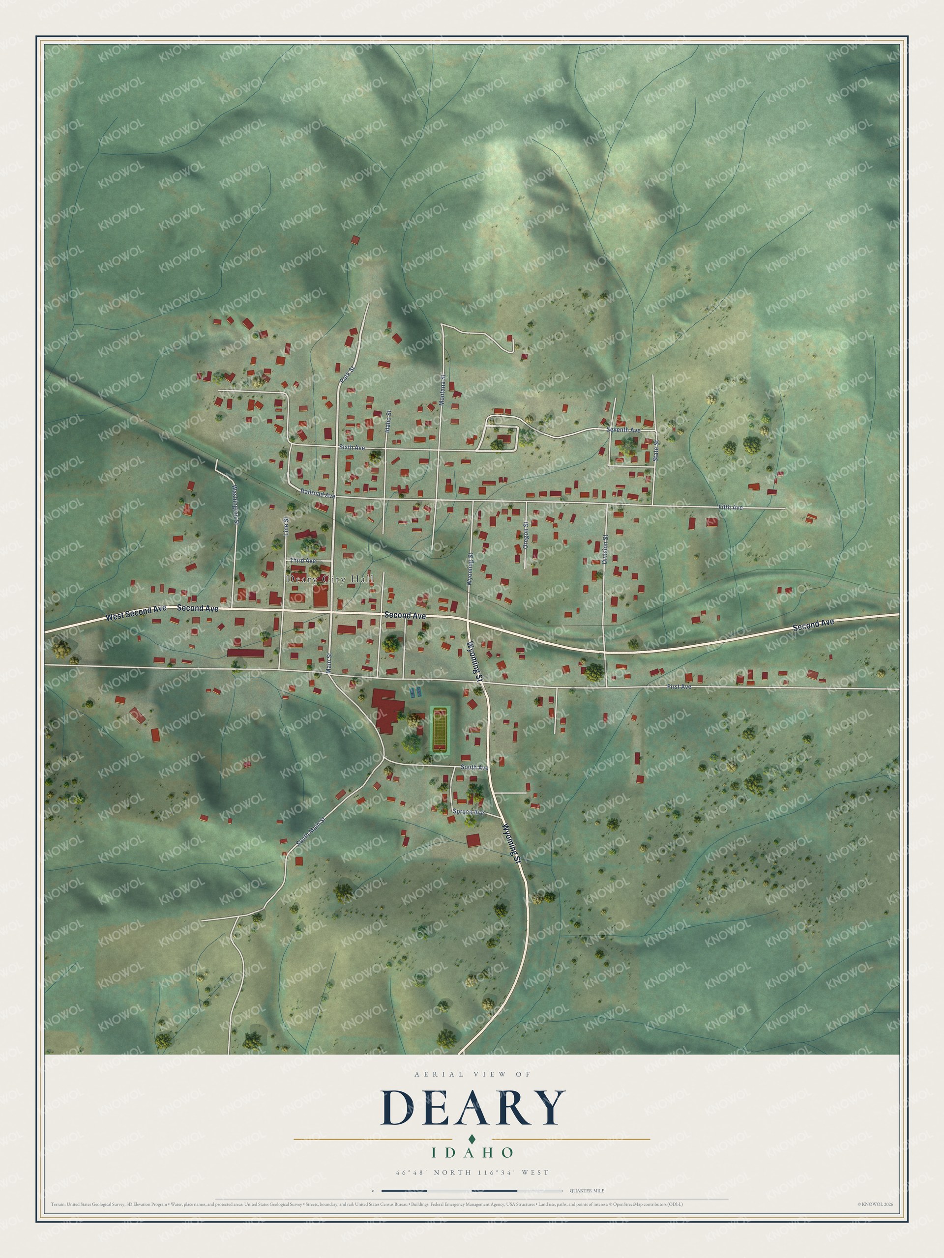 Full map of Deary, Idaho, with red buildings, printed street names and the land around them