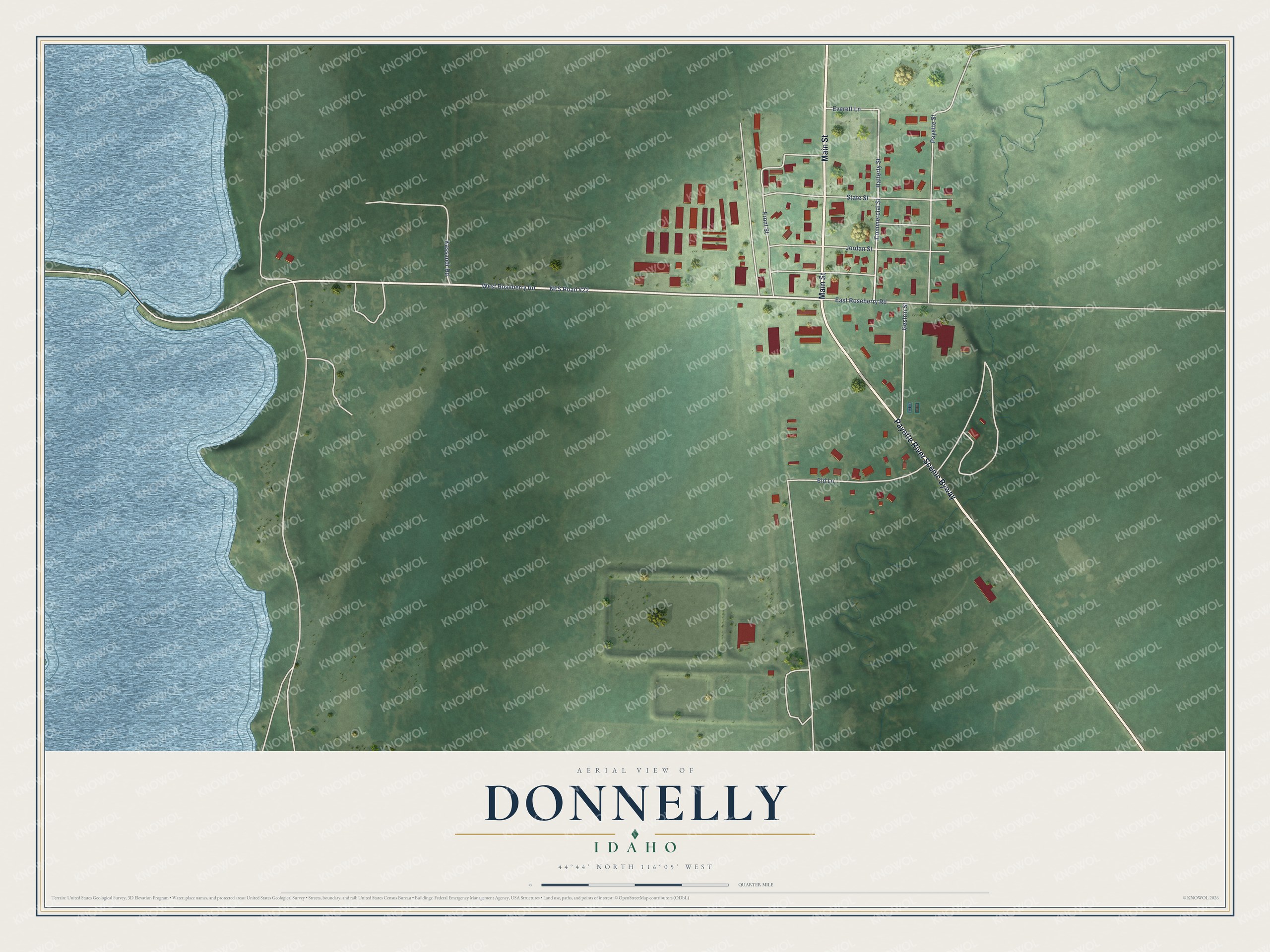 Full map of Donnelly, Idaho, with red buildings, printed street names and the land around them