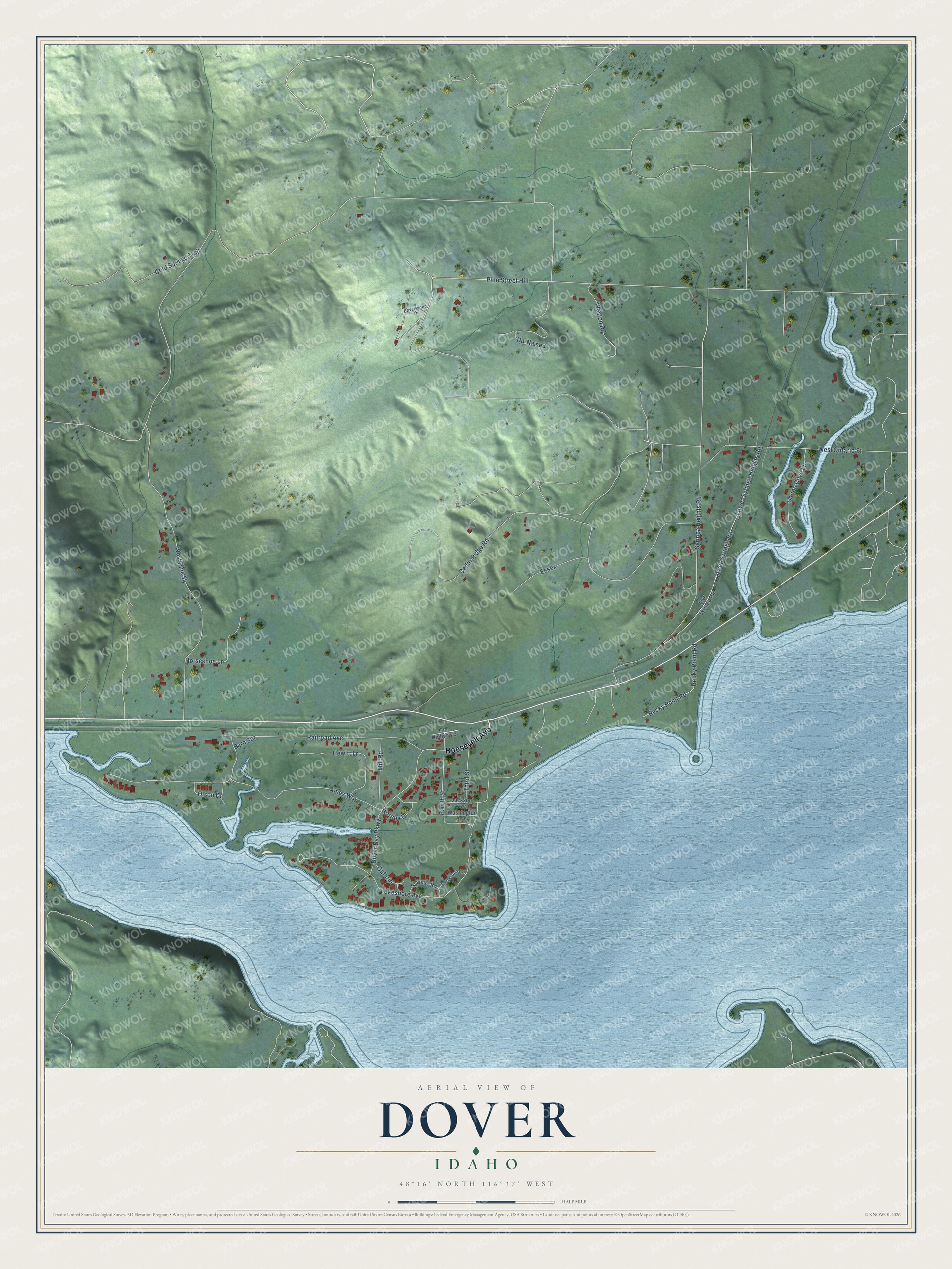 Full map of Dover, Idaho, with red buildings, printed street names and the land around them
