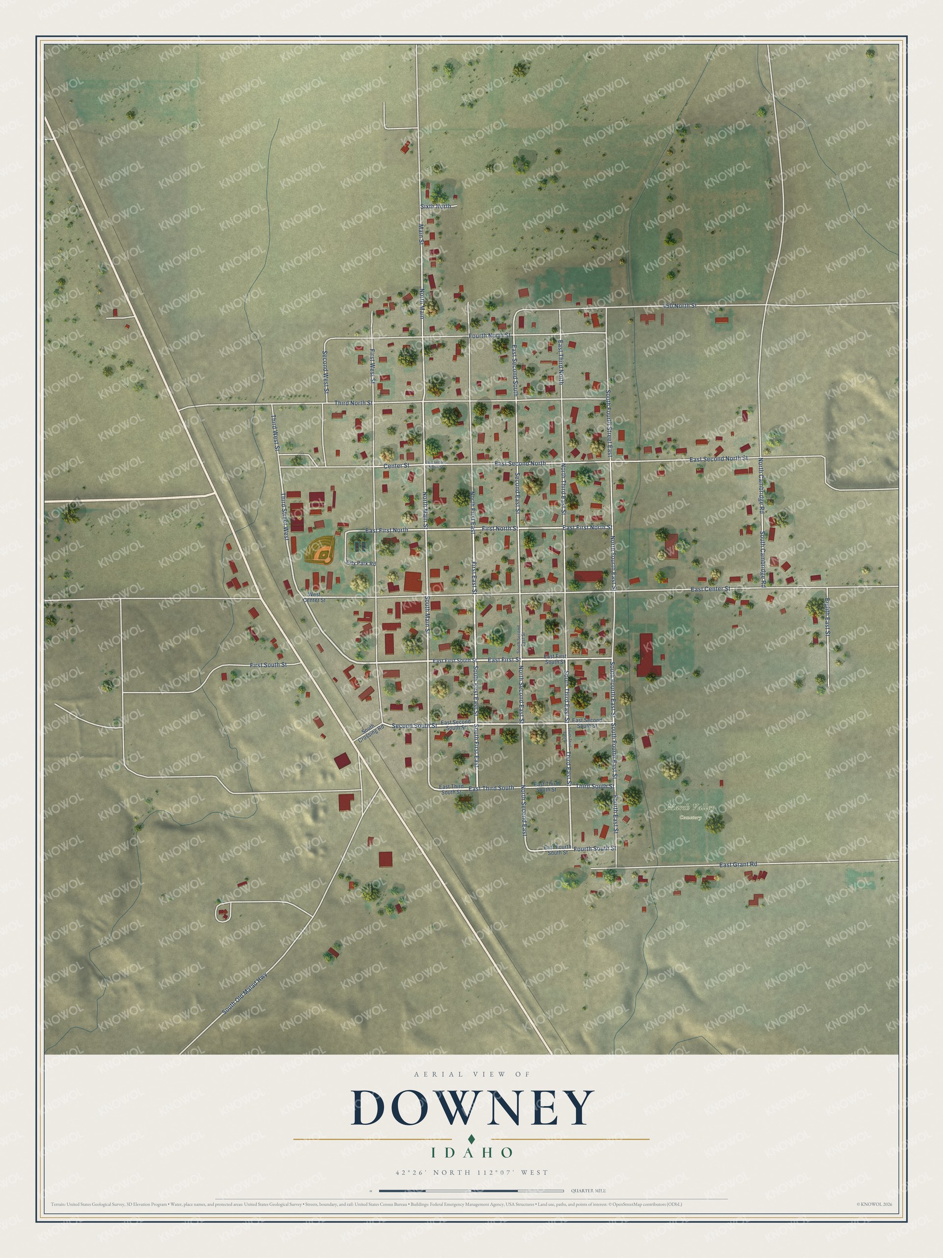 Full map of Downey, Idaho, with red buildings, printed street names and the land around them