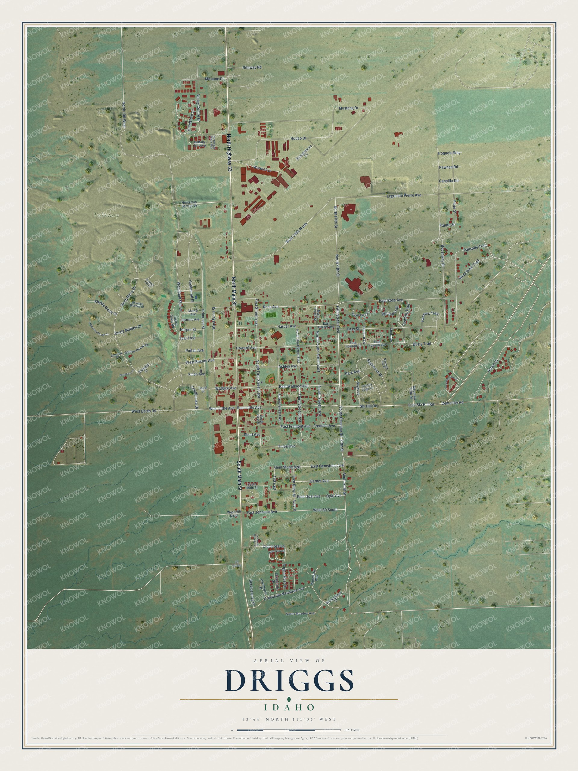 Full map of Driggs, Idaho, with red buildings, printed street names and the land around them