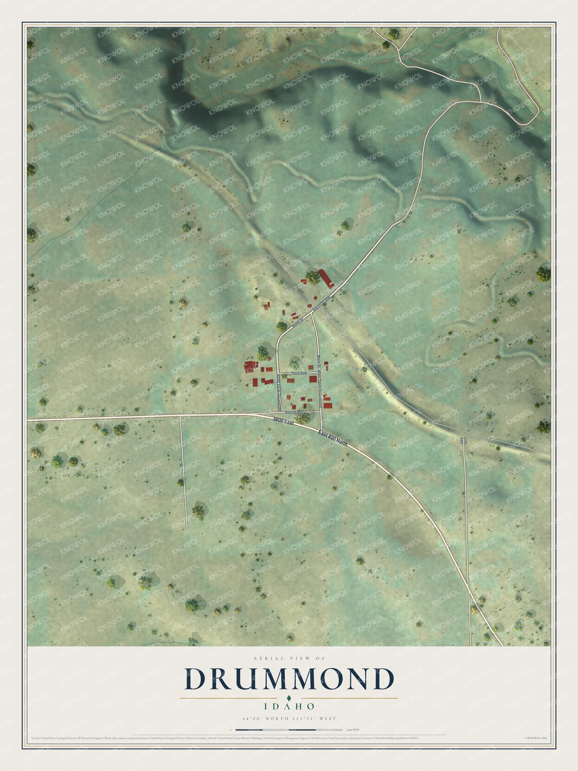 Full map of Drummond, Idaho, with red buildings, printed street names and the land around them