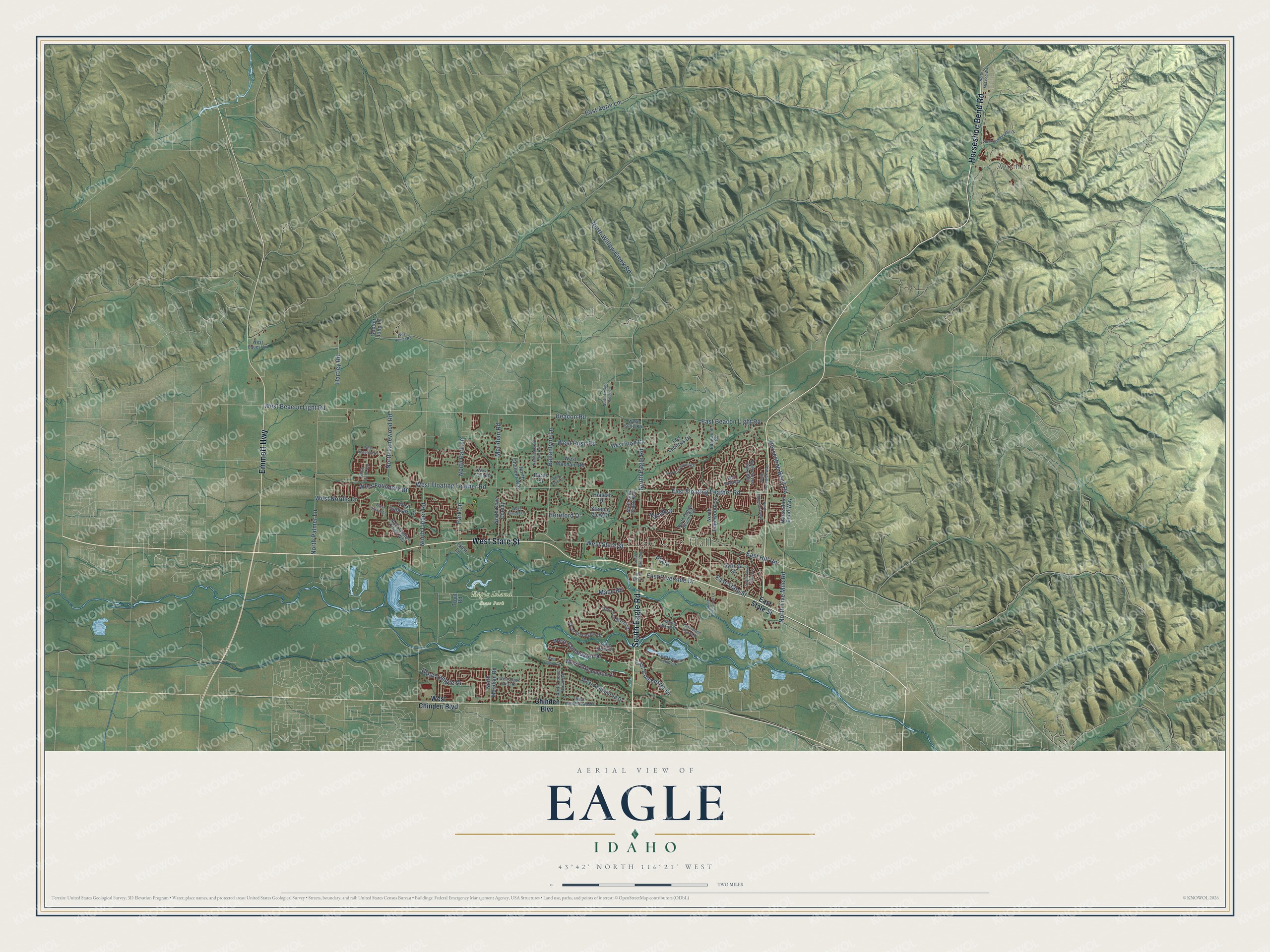Full map of Eagle, Idaho, with red buildings, printed street names and the land around them