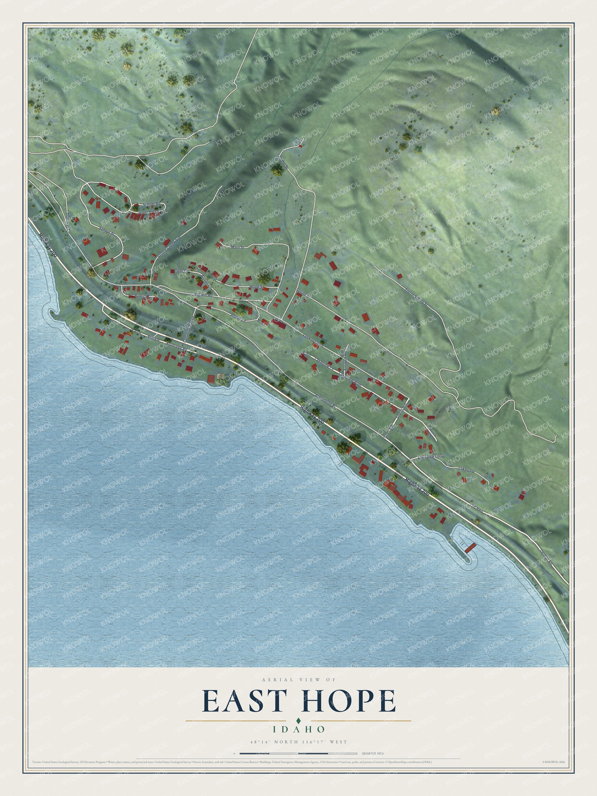 Full map of East Hope, Idaho, with red buildings, printed street names and the land around them