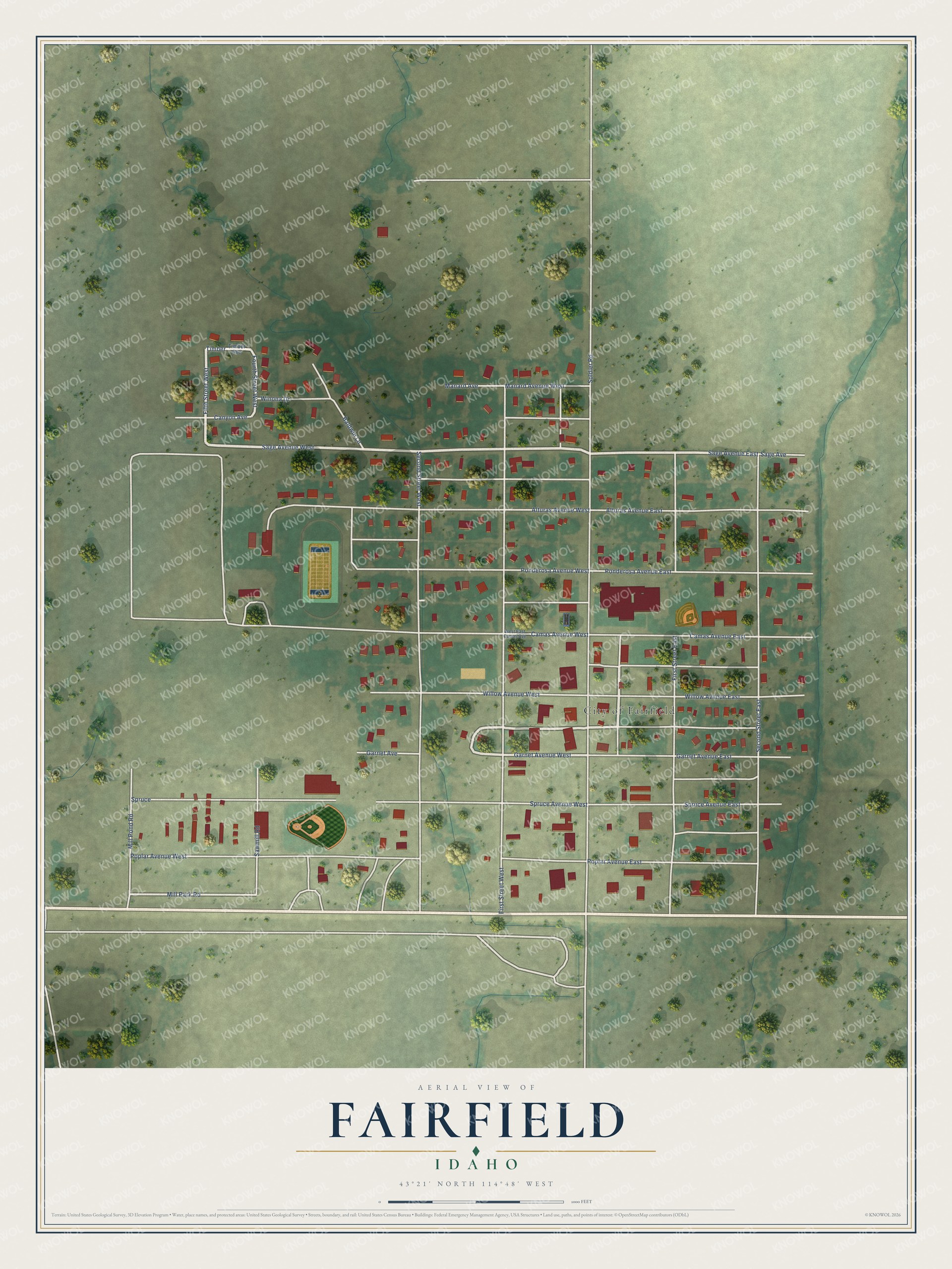 Full map of Fairfield, Idaho, with red buildings, printed street names and the land around them
