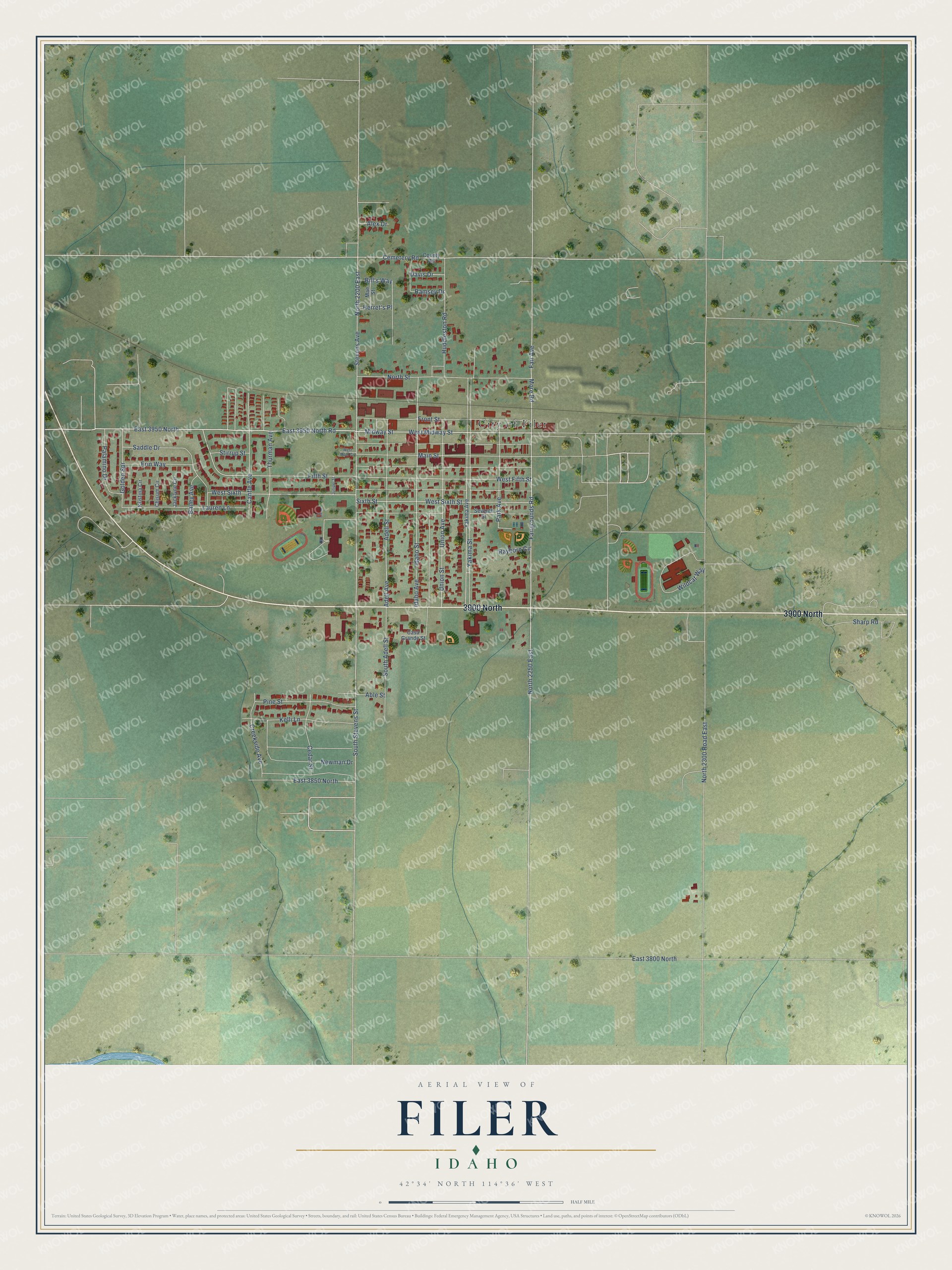 Full map of Filer, Idaho, with red buildings, printed street names and the land around them