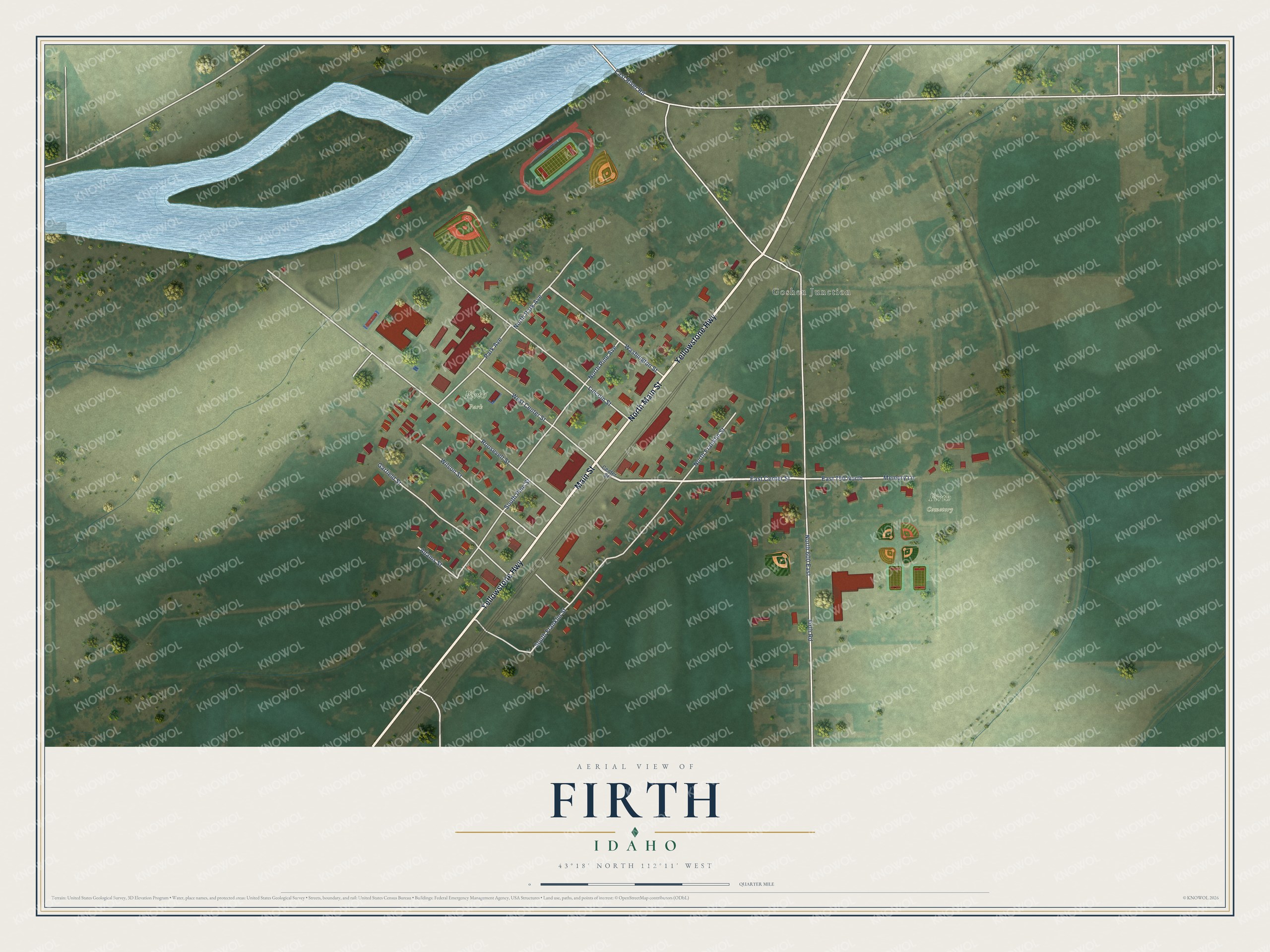 Full map of Firth, Idaho, with red buildings, printed street names and the land around them
