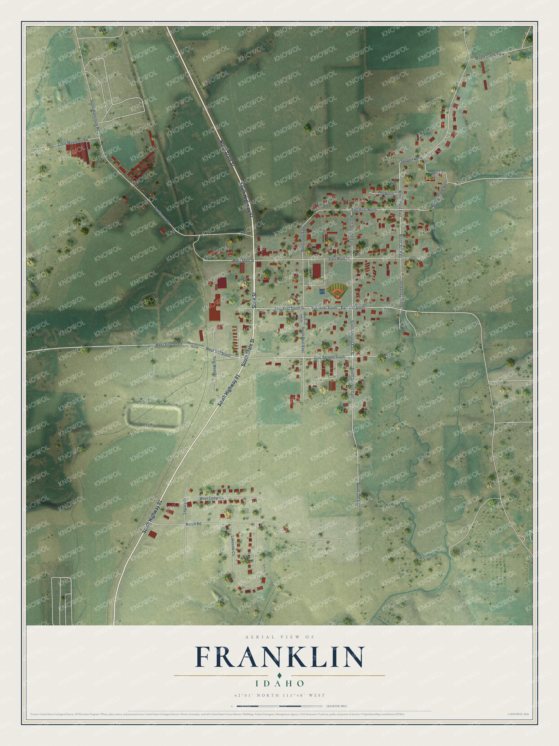 Full map of Franklin, Idaho, with red buildings, printed street names and the land around them
