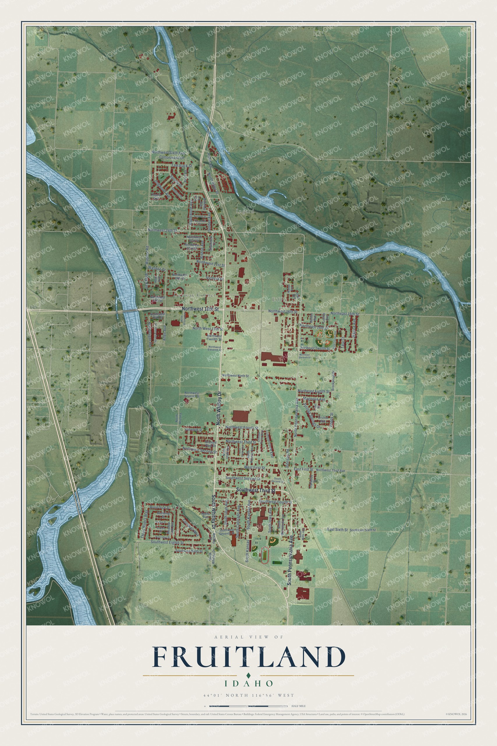Full map of Fruitland, Idaho, with red buildings, printed street names and the land around them