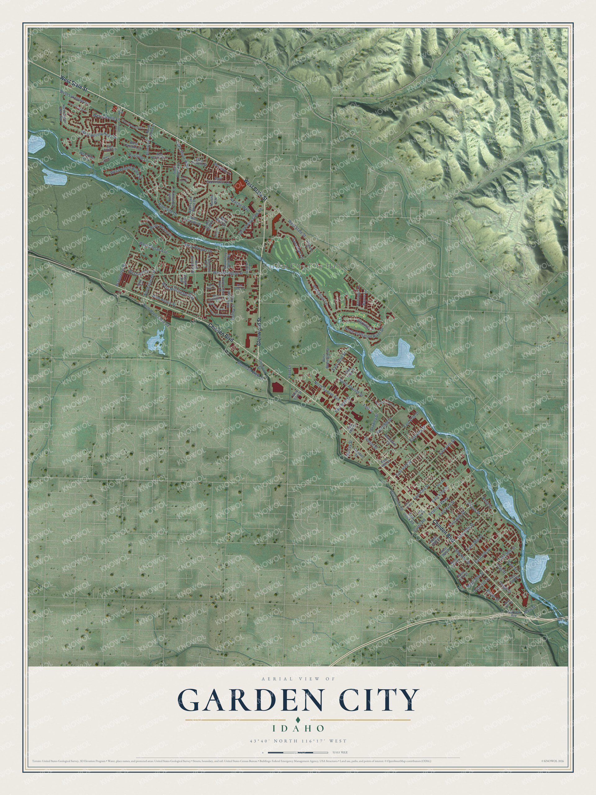 Full map of Garden City, Idaho, with red buildings, printed street names and the land around them