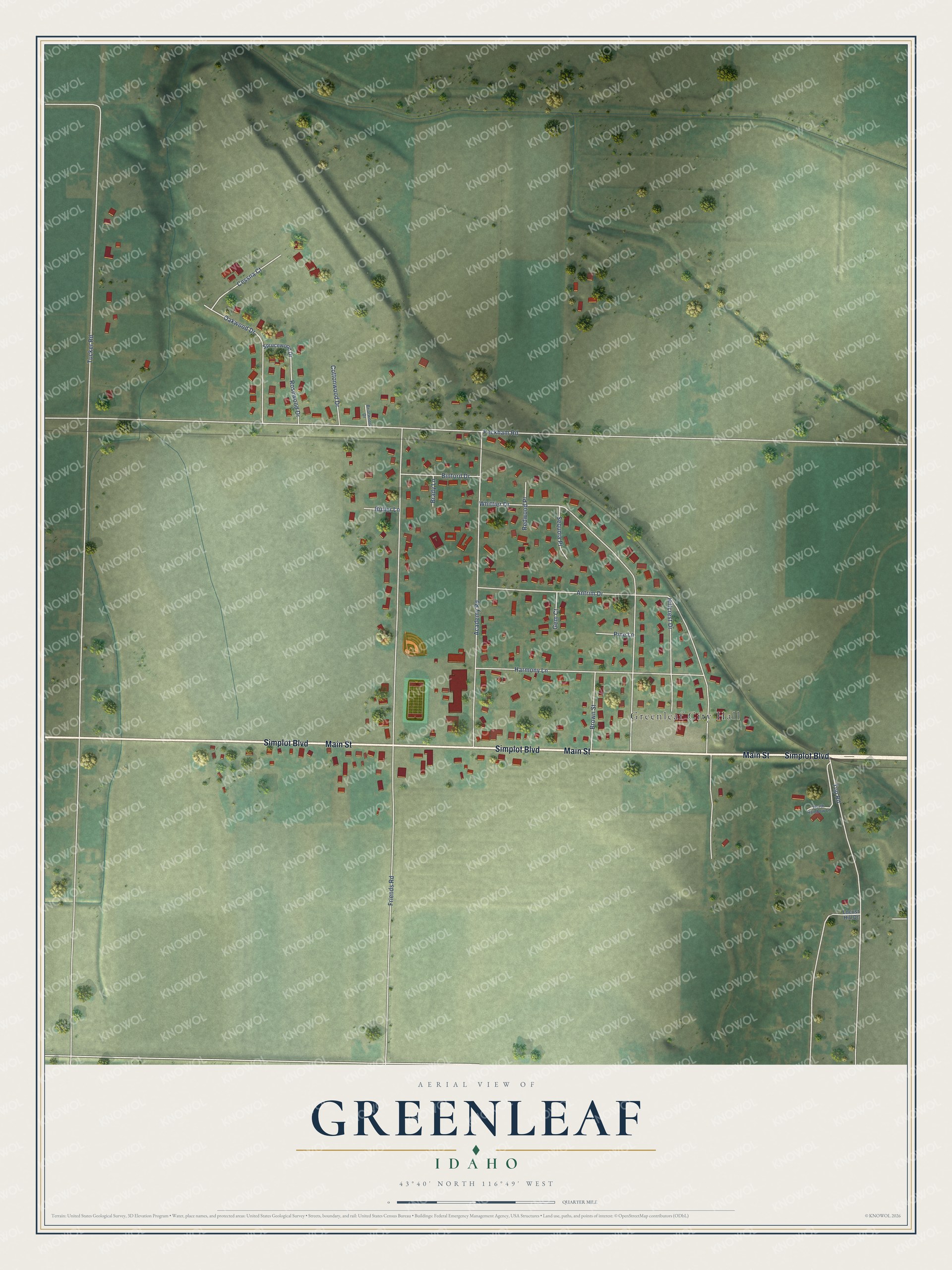 Full map of Greenleaf, Idaho, with red buildings, printed street names and the land around them