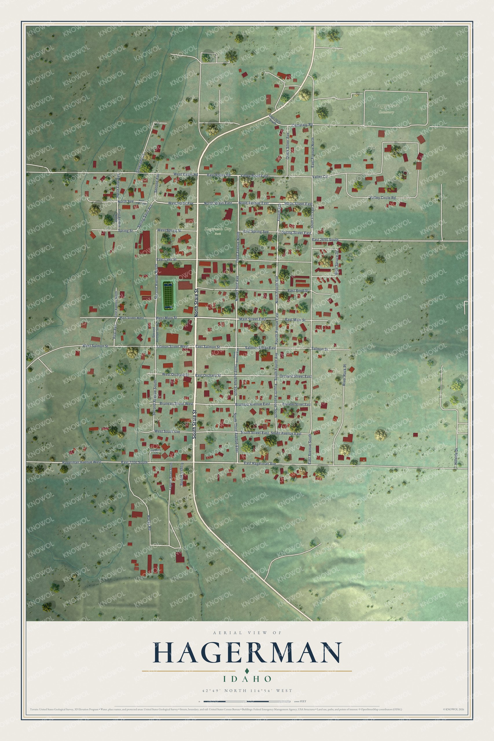 Full map of Hagerman, Idaho, with red buildings, printed street names and the land around them
