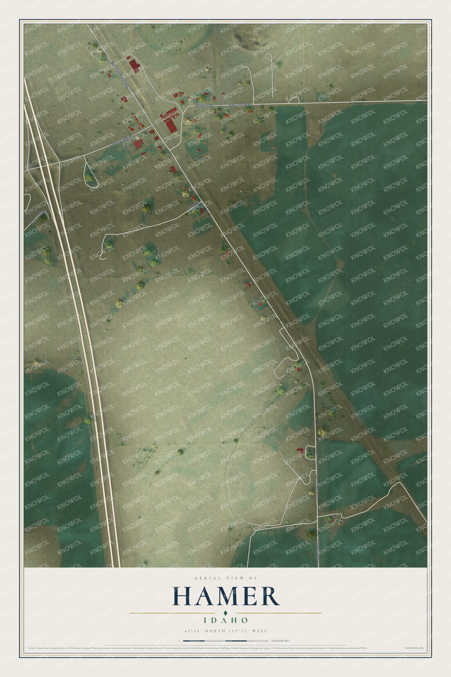 Full map of Hamer, Idaho, with red buildings, printed street names and the land around them
