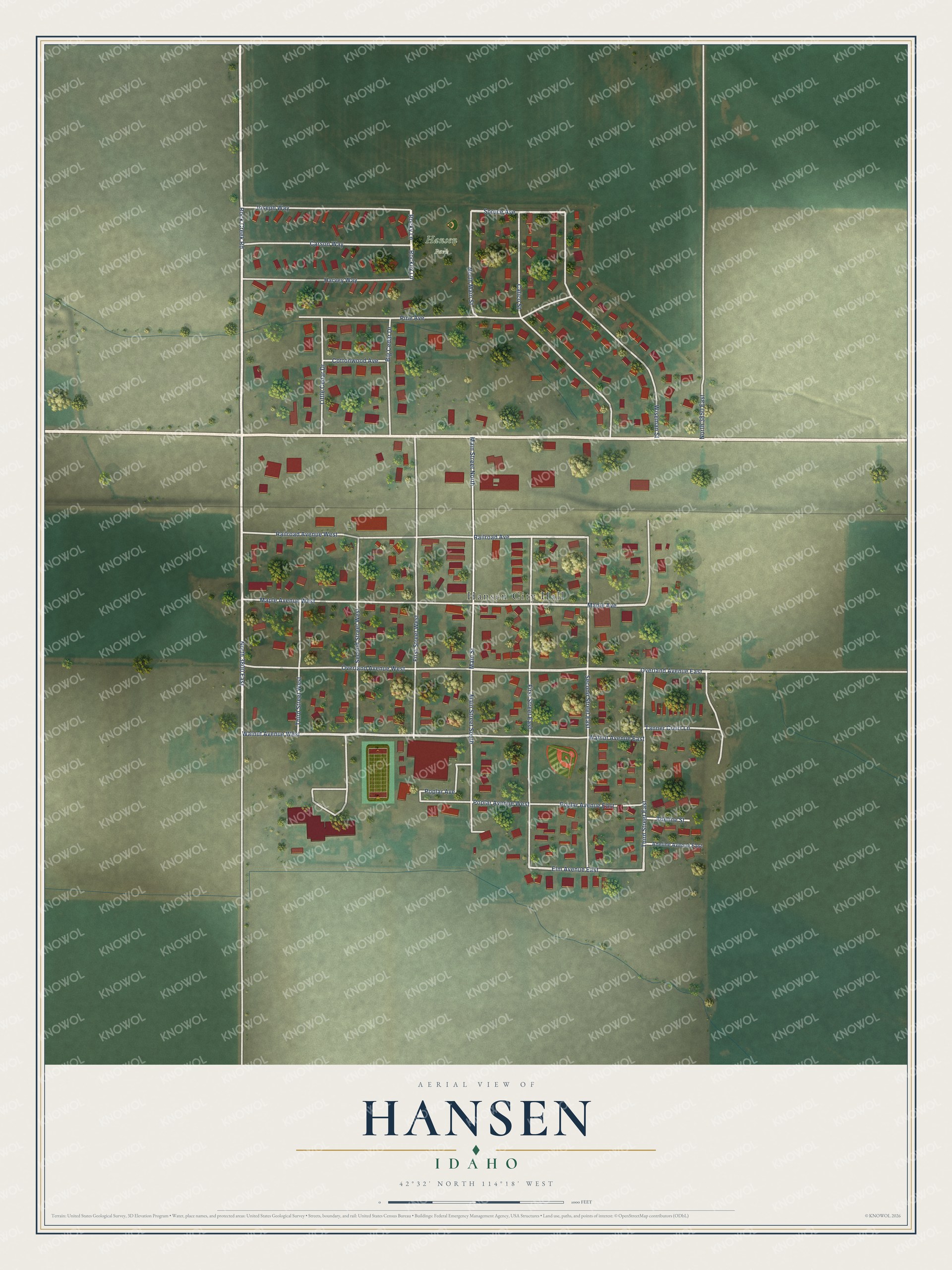 Full map of Hansen, Idaho, with red buildings, printed street names and the land around them