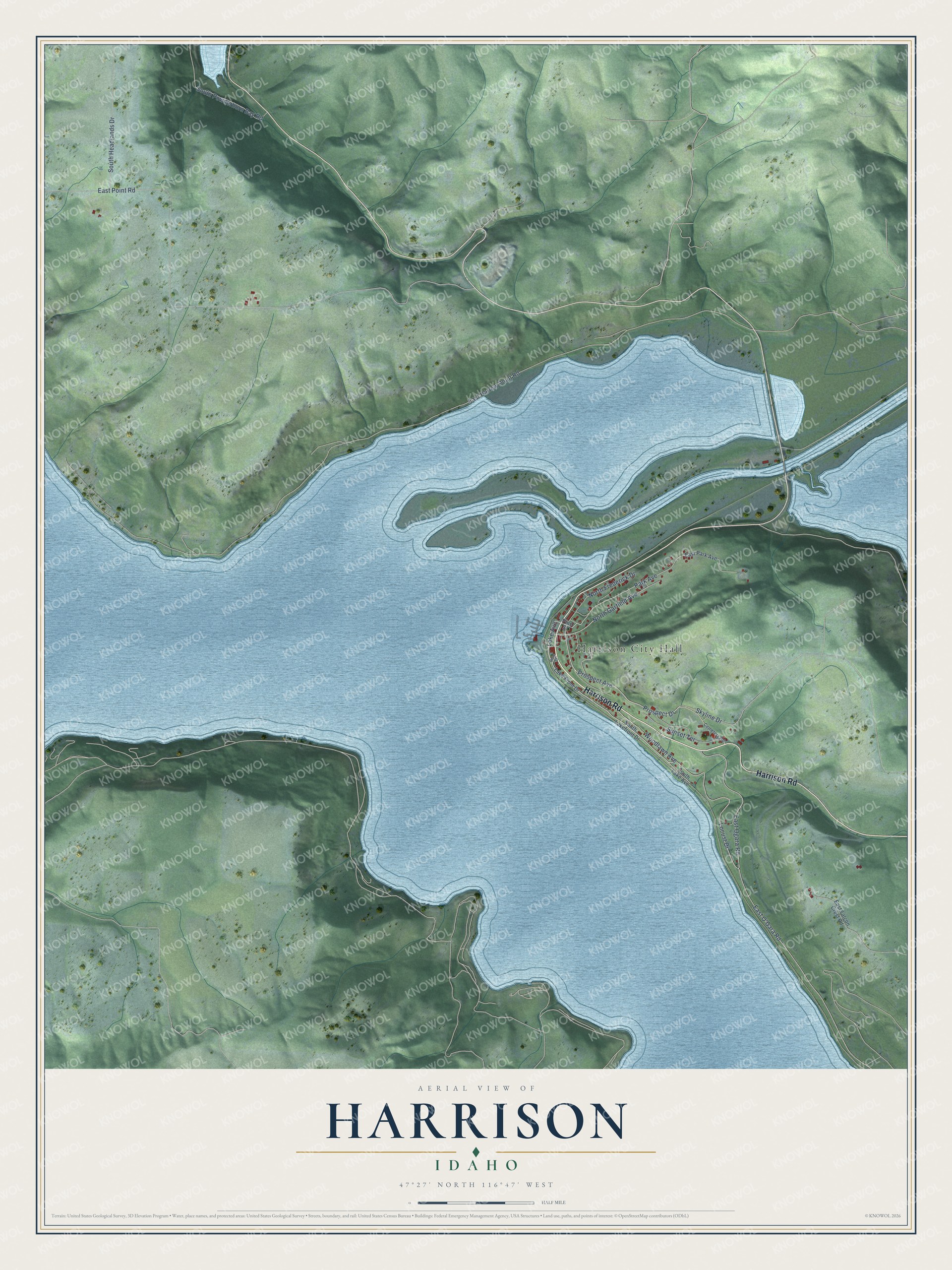 Full map of Harrison, Idaho, with red buildings, printed street names and the land around them