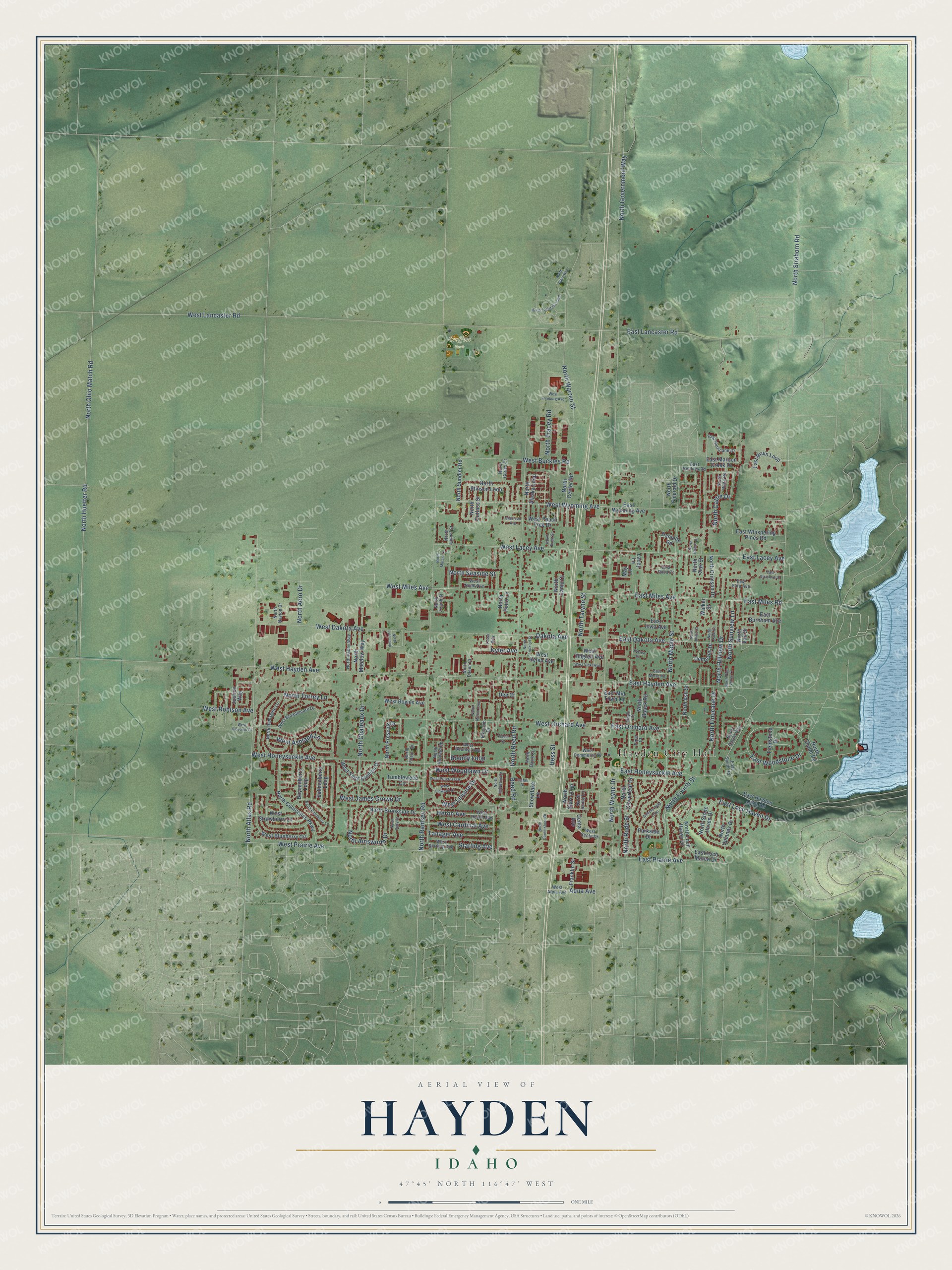 Full map of Hayden, Idaho, with red buildings, printed street names and the land around them
