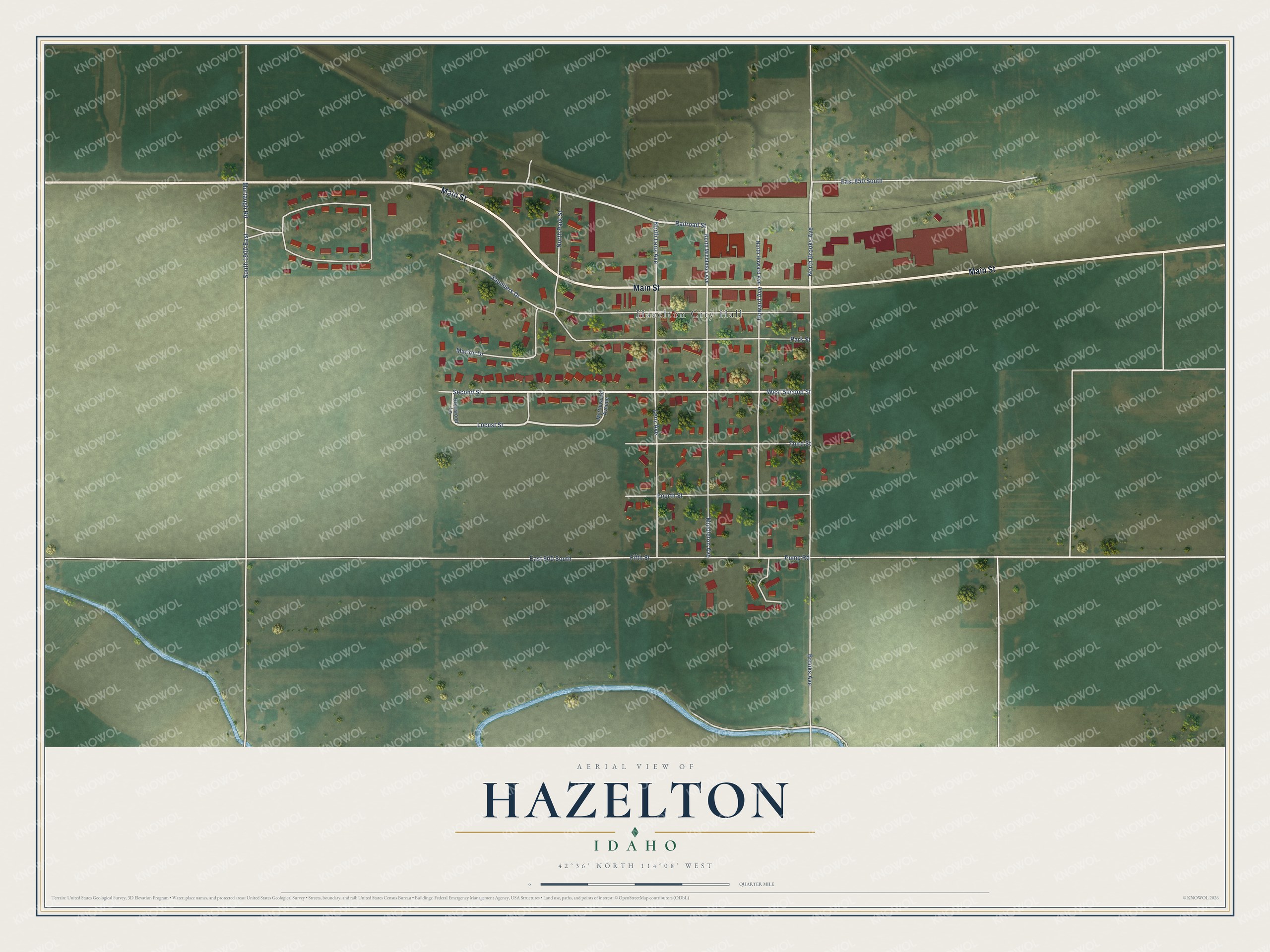 Full map of Hazelton, Idaho, with red buildings, printed street names and the land around them