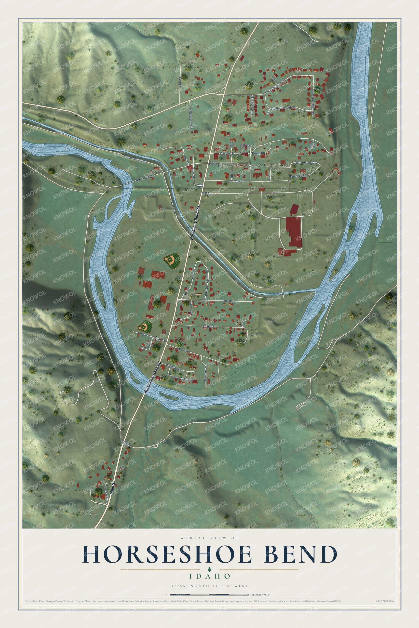 Full map of Horseshoe Bend, Idaho, with red buildings, printed street names and the land around them