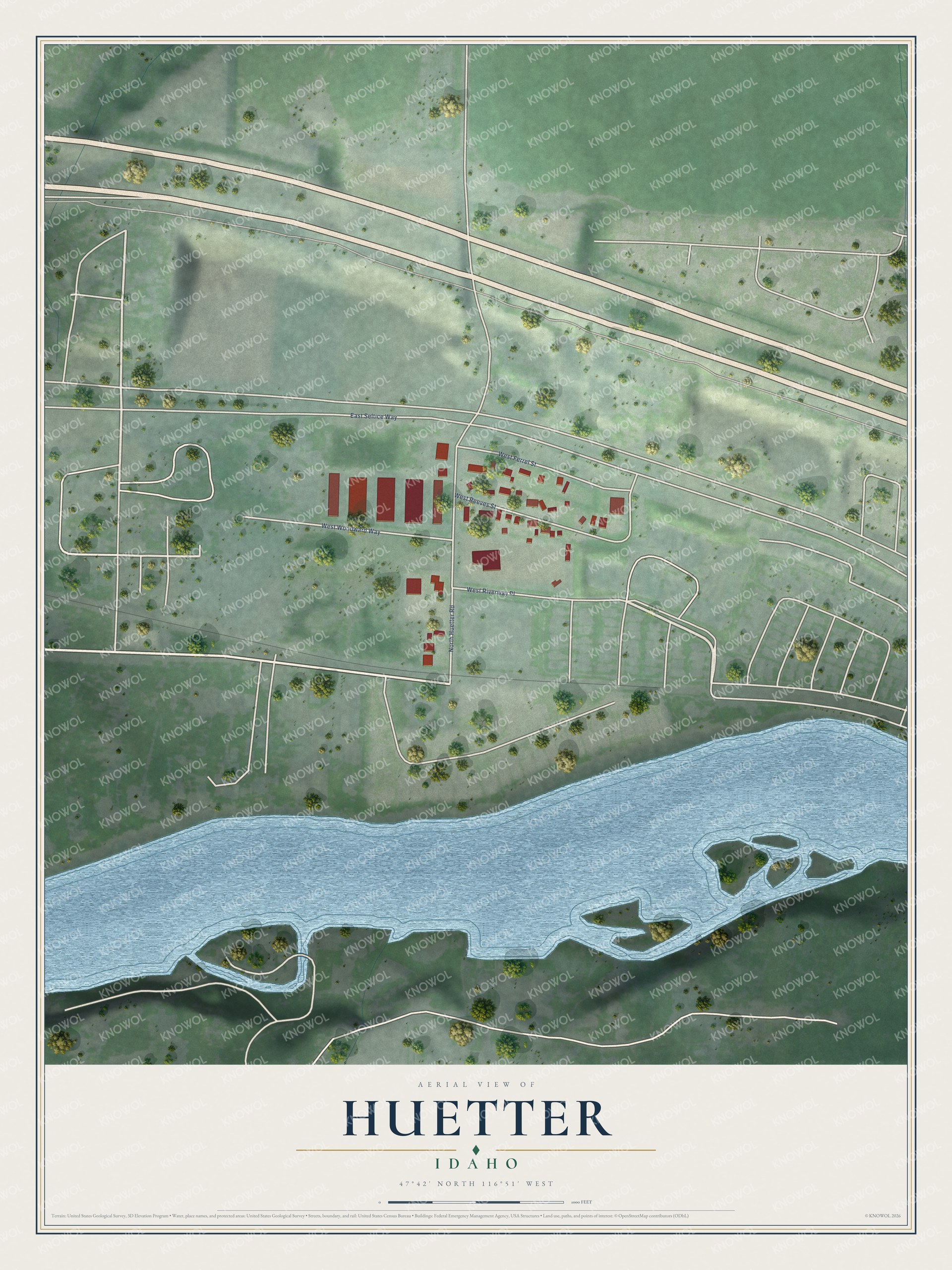 Full map of Huetter, Idaho, with red buildings, printed street names and the land around them