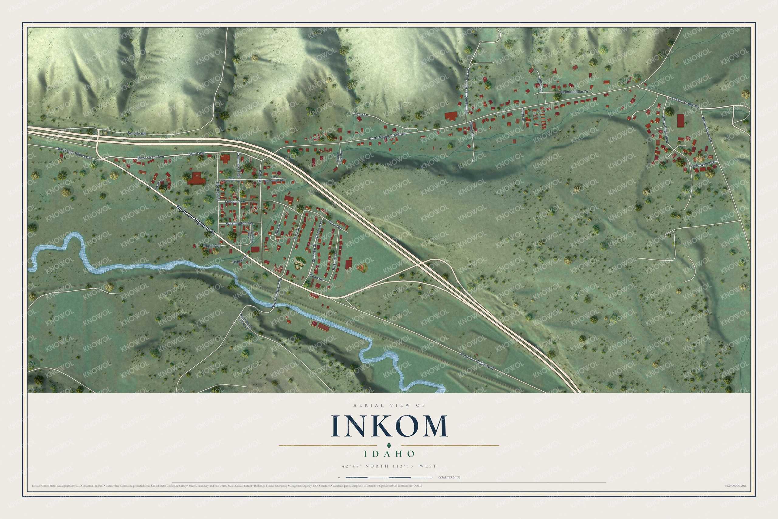 Full map of Inkom, Idaho, with red buildings, printed street names and the land around them