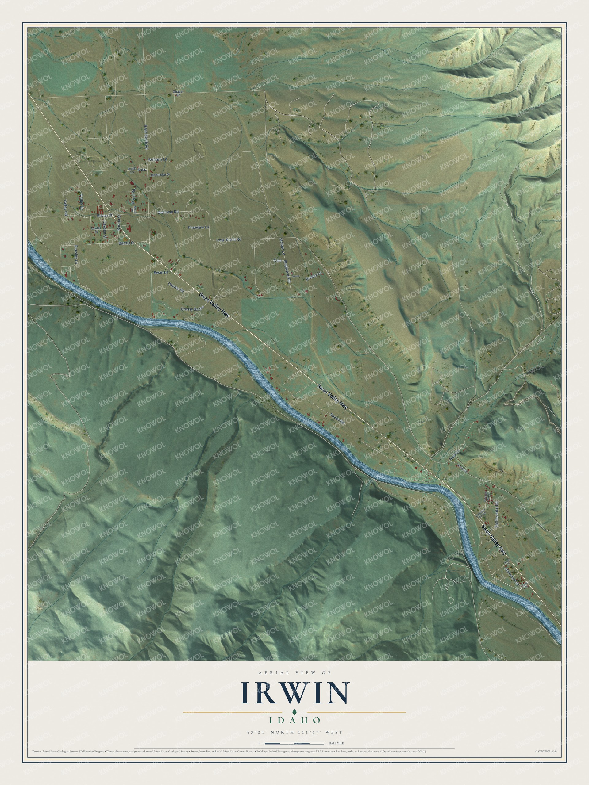 Full map of Irwin, Idaho, with red buildings, printed street names and the land around them