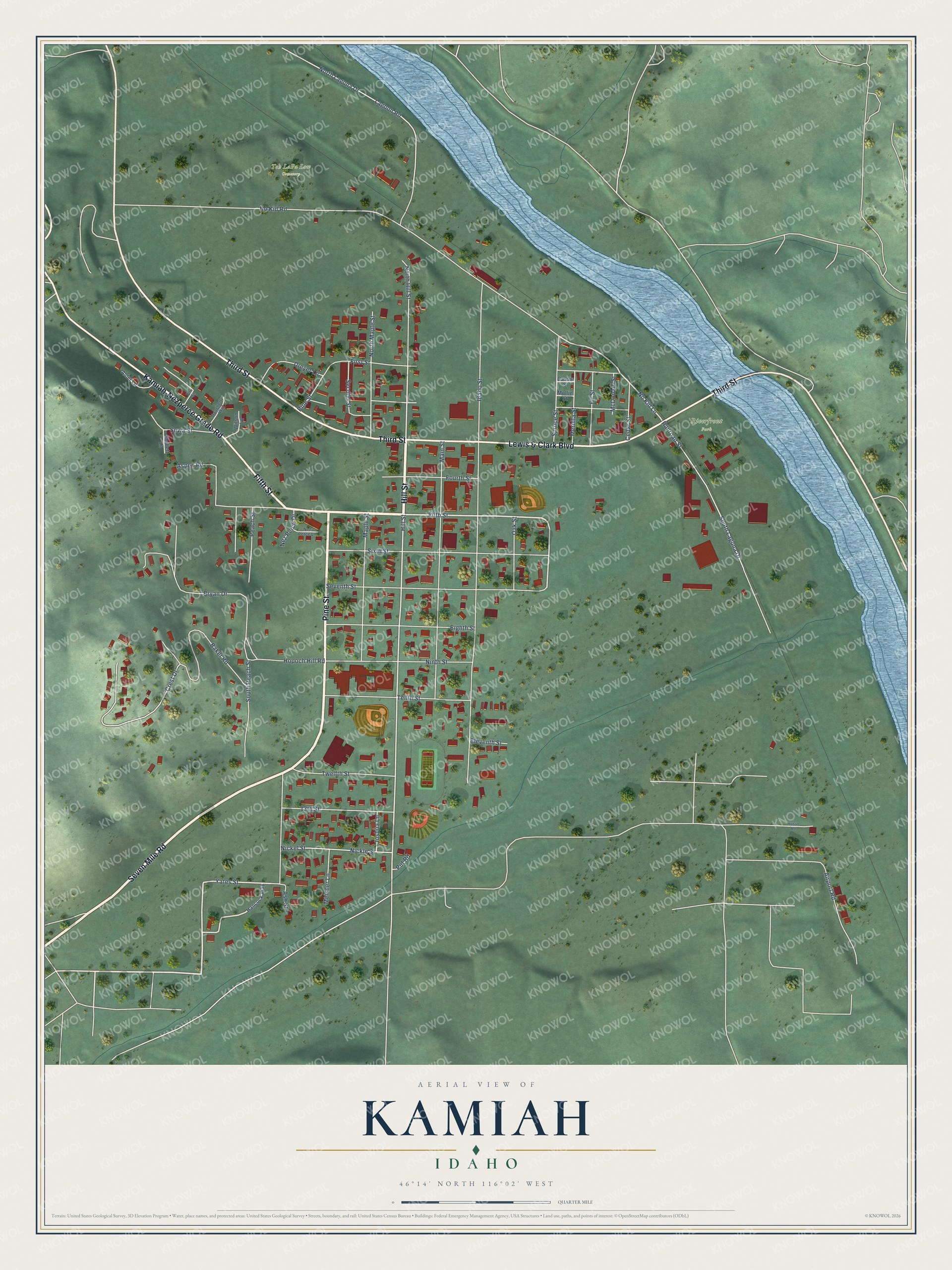 Full map of Kamiah, Idaho, with red buildings, printed street names and the land around them