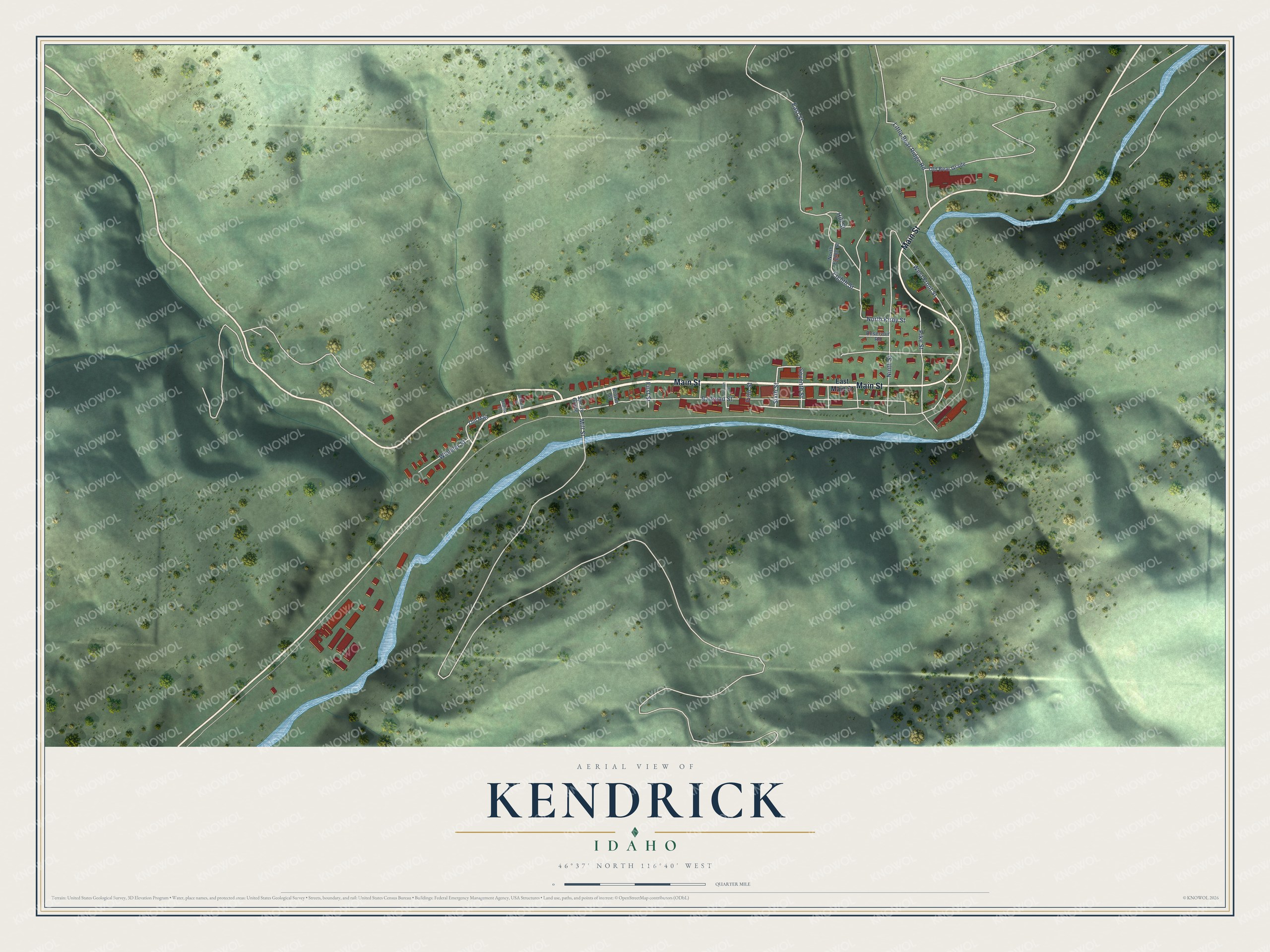 Full map of Kendrick, Idaho, with red buildings, printed street names and the land around them