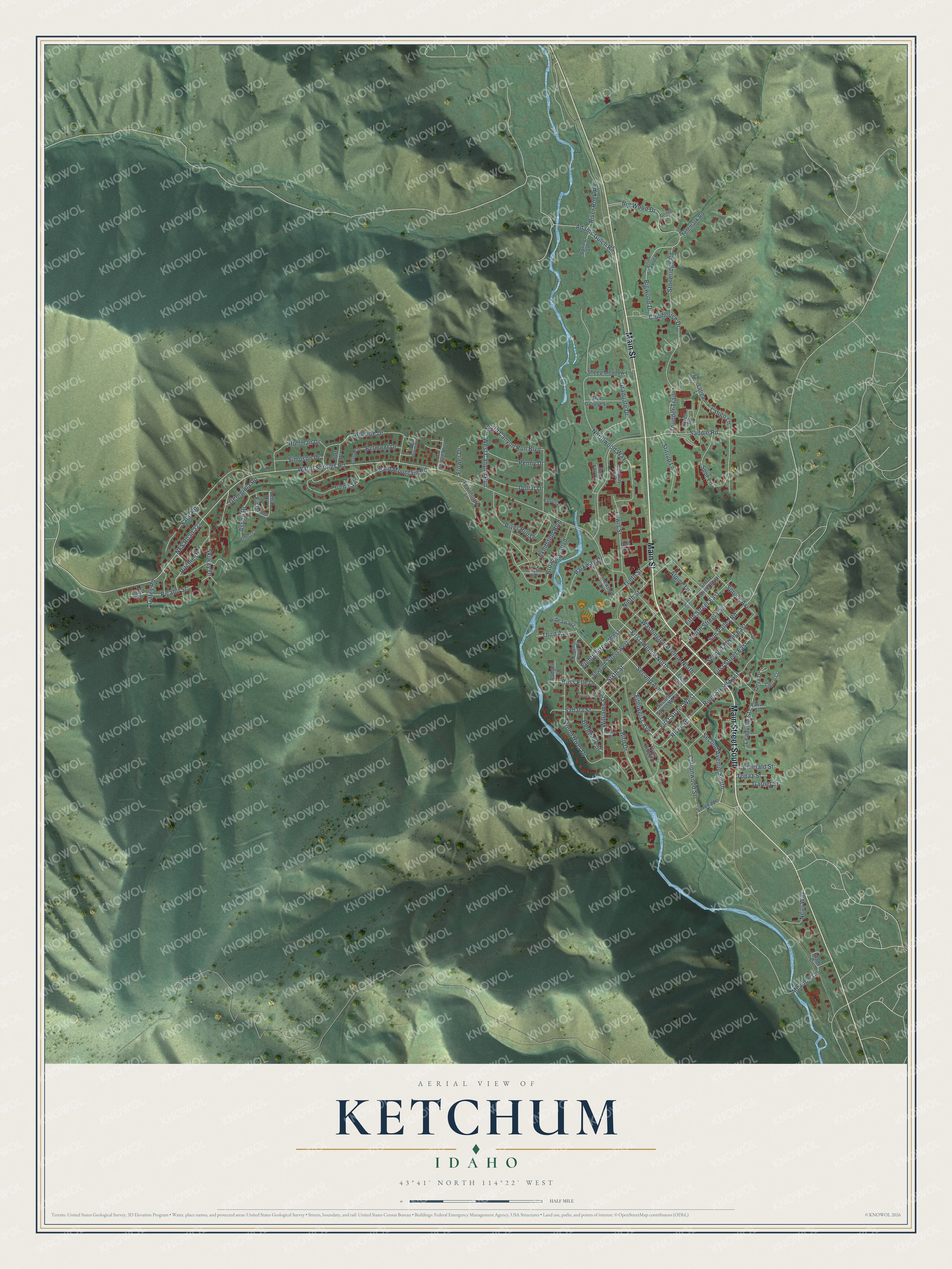 Full map of Ketchum, Idaho, with red buildings, printed street names and the land around them