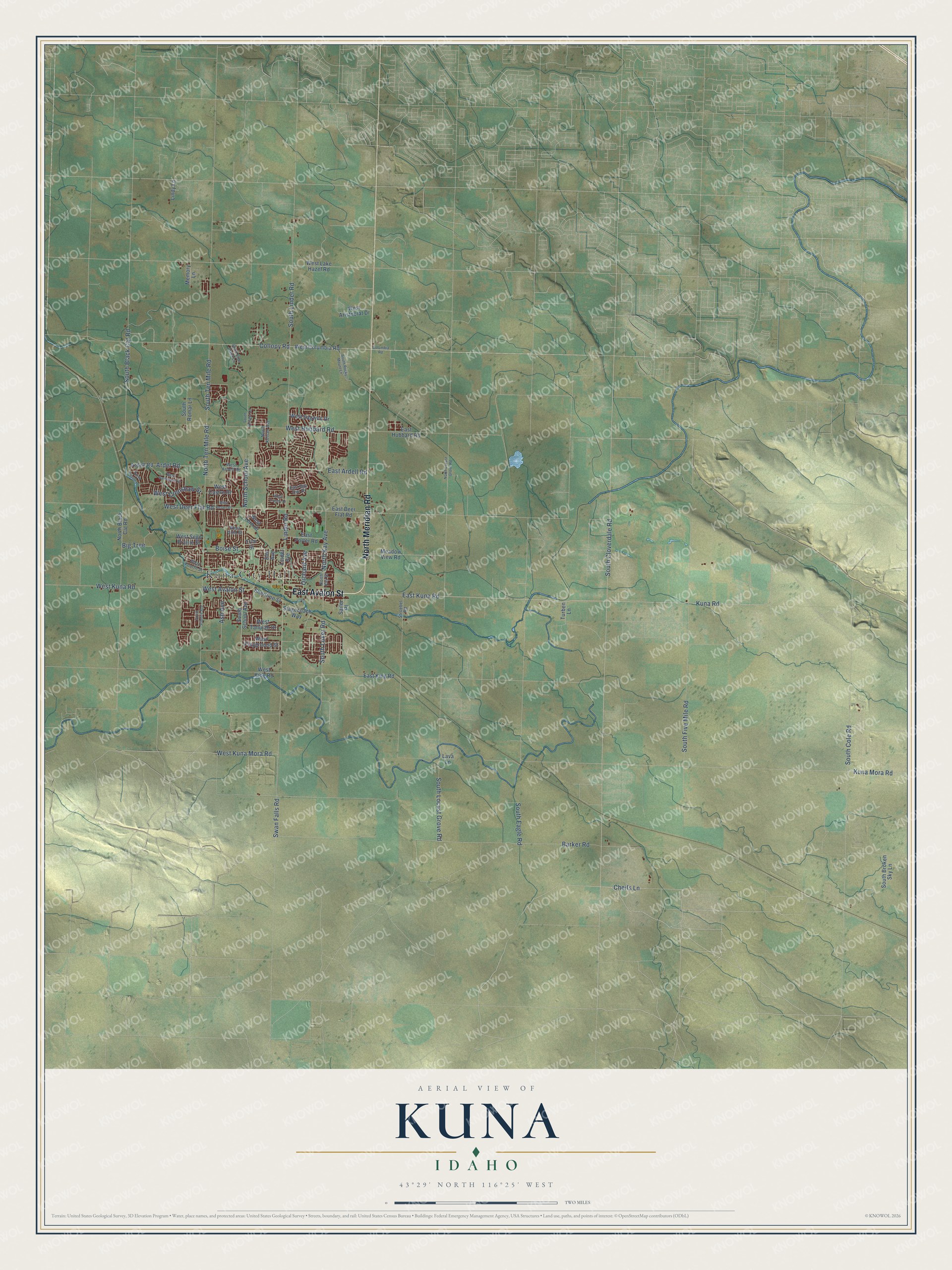 Full map of Kuna, Idaho, with red buildings, printed street names and the land around them